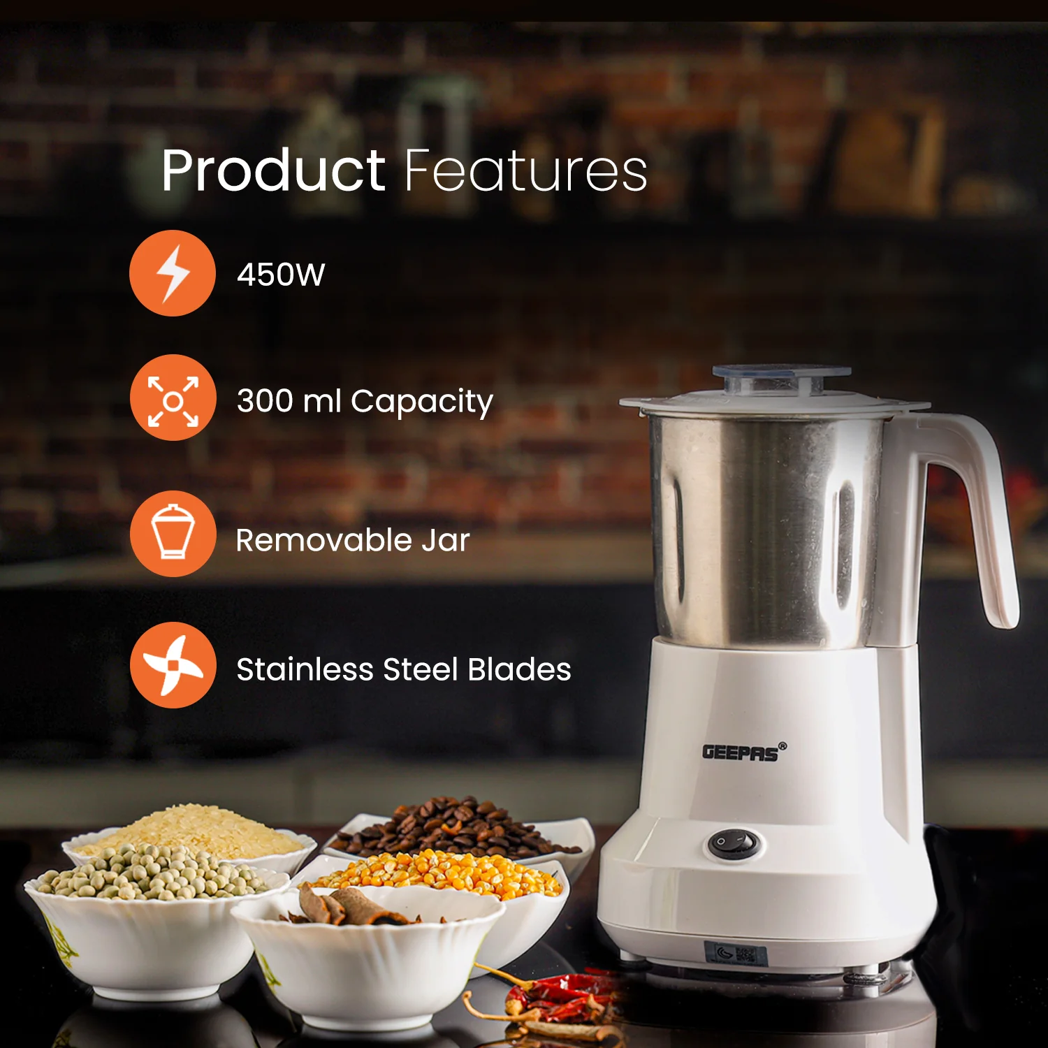 Geepas GCC6105 Food Processor | 450W |  Overheat Protection | Stainless Steel Bowl & Cutting Blade| Pulse Control | Grinder for Spices, Coffee Beans, Nuts & Dried Fruits - Image 4