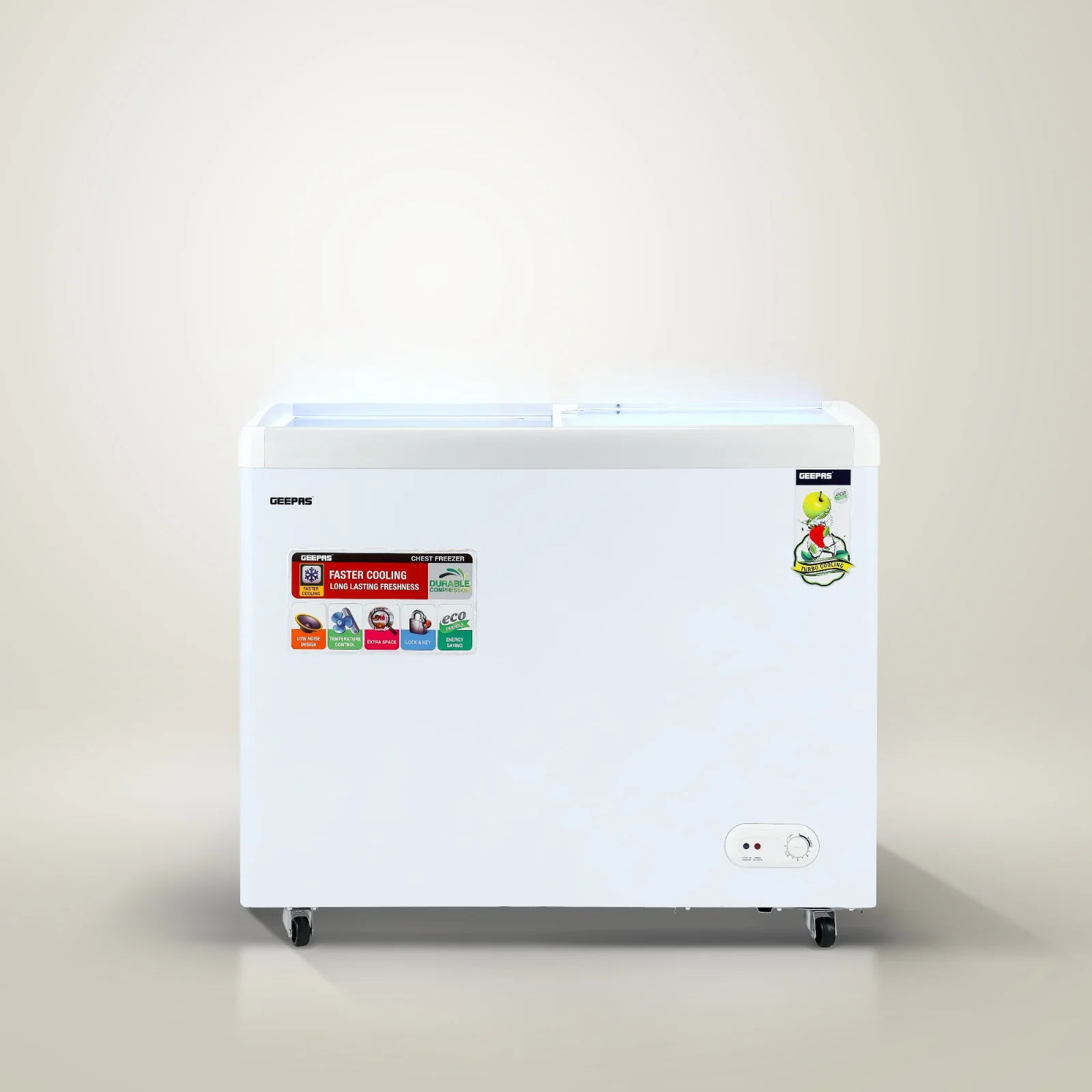 Geepas GCF3523SG Chest Showcase Freezer|360L Convertible Freezer & Fridge| Adjustable Thermostat |Sliding Glass Doors| Fast Freezing Function| Lock & Key |1-Year Warranty - Image 2