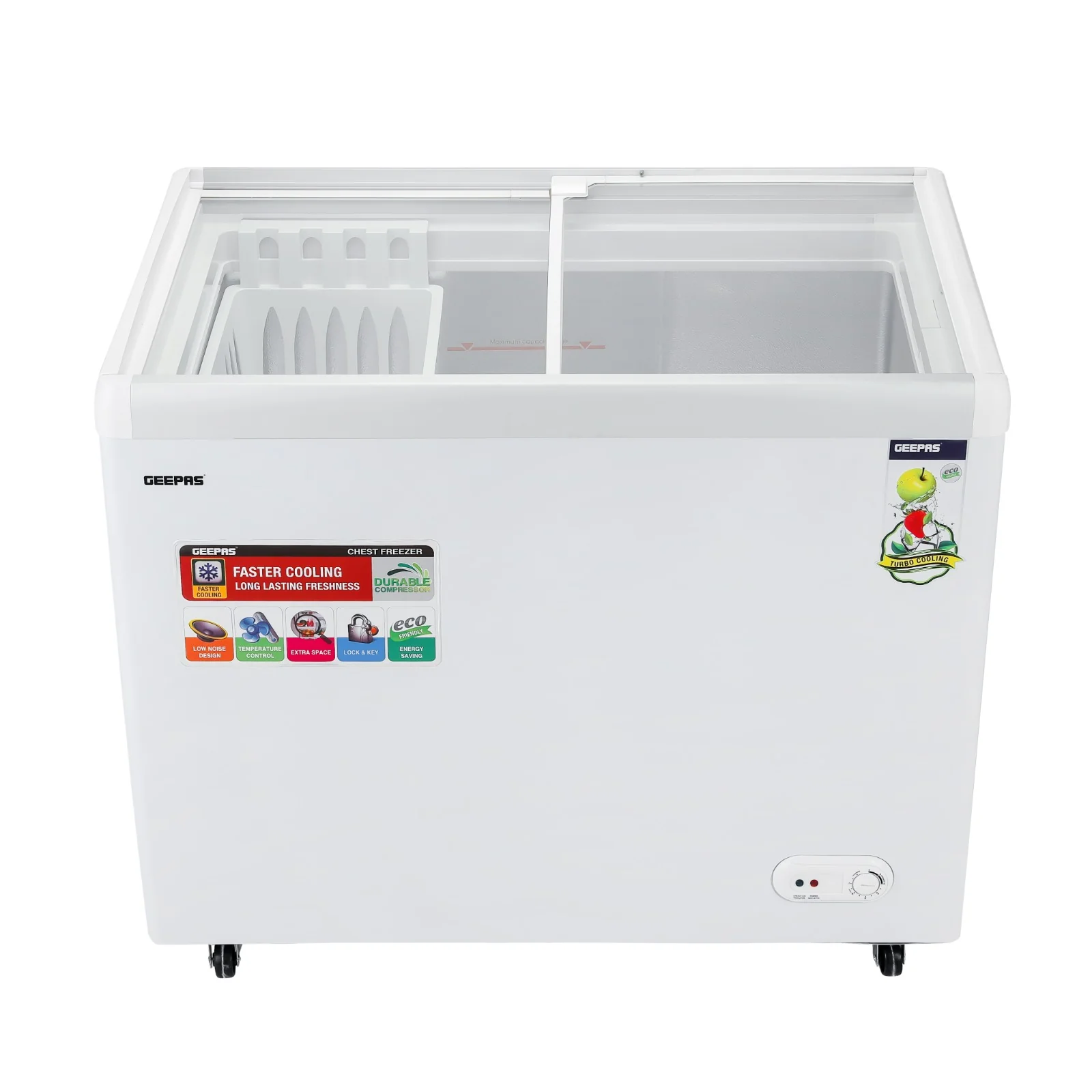 Geepas GCF3523SG Chest Showcase Freezer|360L Convertible Freezer & Fridge| Adjustable Thermostat |Sliding Glass Doors| Fast Freezing Function| Lock & Key |1-Year Warranty - Image 3