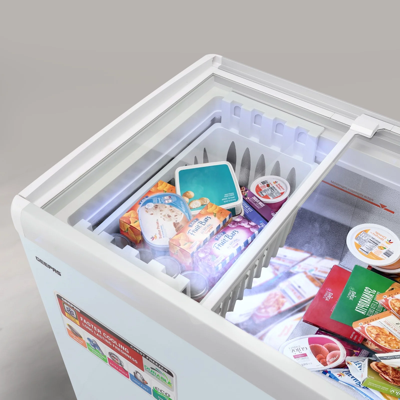 Geepas GCF3523SG Chest Showcase Freezer|360L Convertible Freezer & Fridge| Adjustable Thermostat |Sliding Glass Doors| Fast Freezing Function| Lock & Key |1-Year Warranty - Image 4
