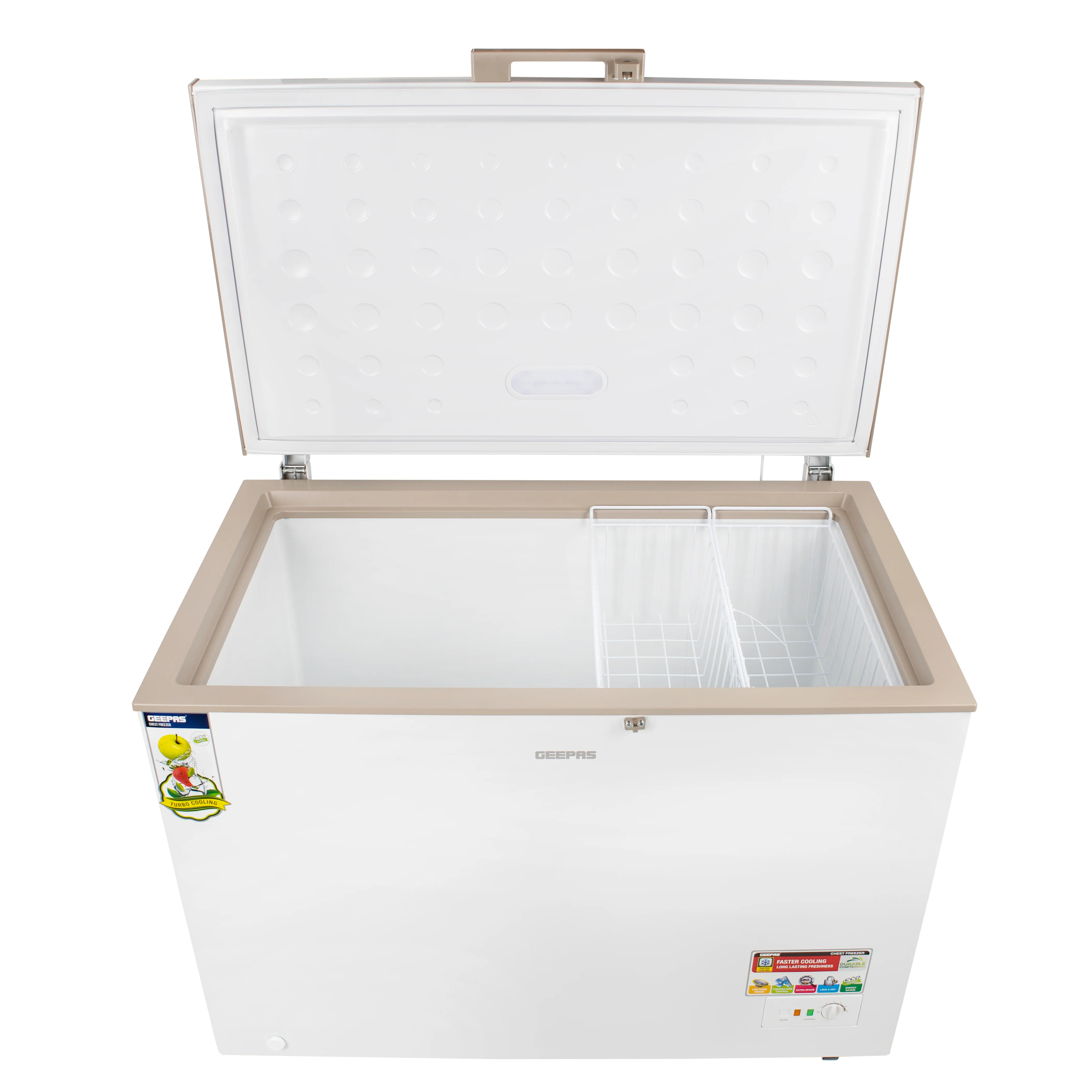Geepas GCF4106WAH  Chest Freezer | 410L Capacity| 180W Power Efficient Freezer| LED Light |Lock & Key| Adjustable Thermostat|  High-Efficiency Cooling| 1-Year Warranty| - Image 4