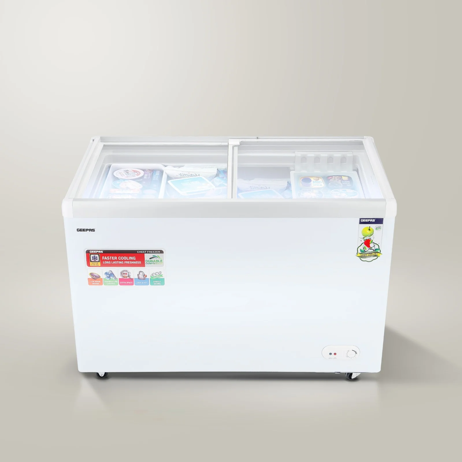 Geepas GCF4220SG Chest Showcase Freezer |425L Convertible Freezer & Fridge| Adjustable Thermostat| Sliding Glass Door| Fast Freezing Function| Lock & Key| 1-Year Warranty - Image 2
