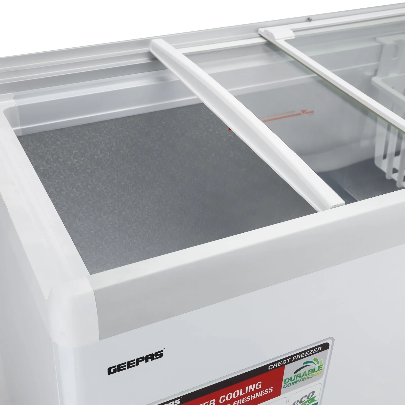Geepas GCF4220SG Chest Showcase Freezer |425L Convertible Freezer & Fridge| Adjustable Thermostat| Sliding Glass Door| Fast Freezing Function| Lock & Key| 1-Year Warranty - Image 5