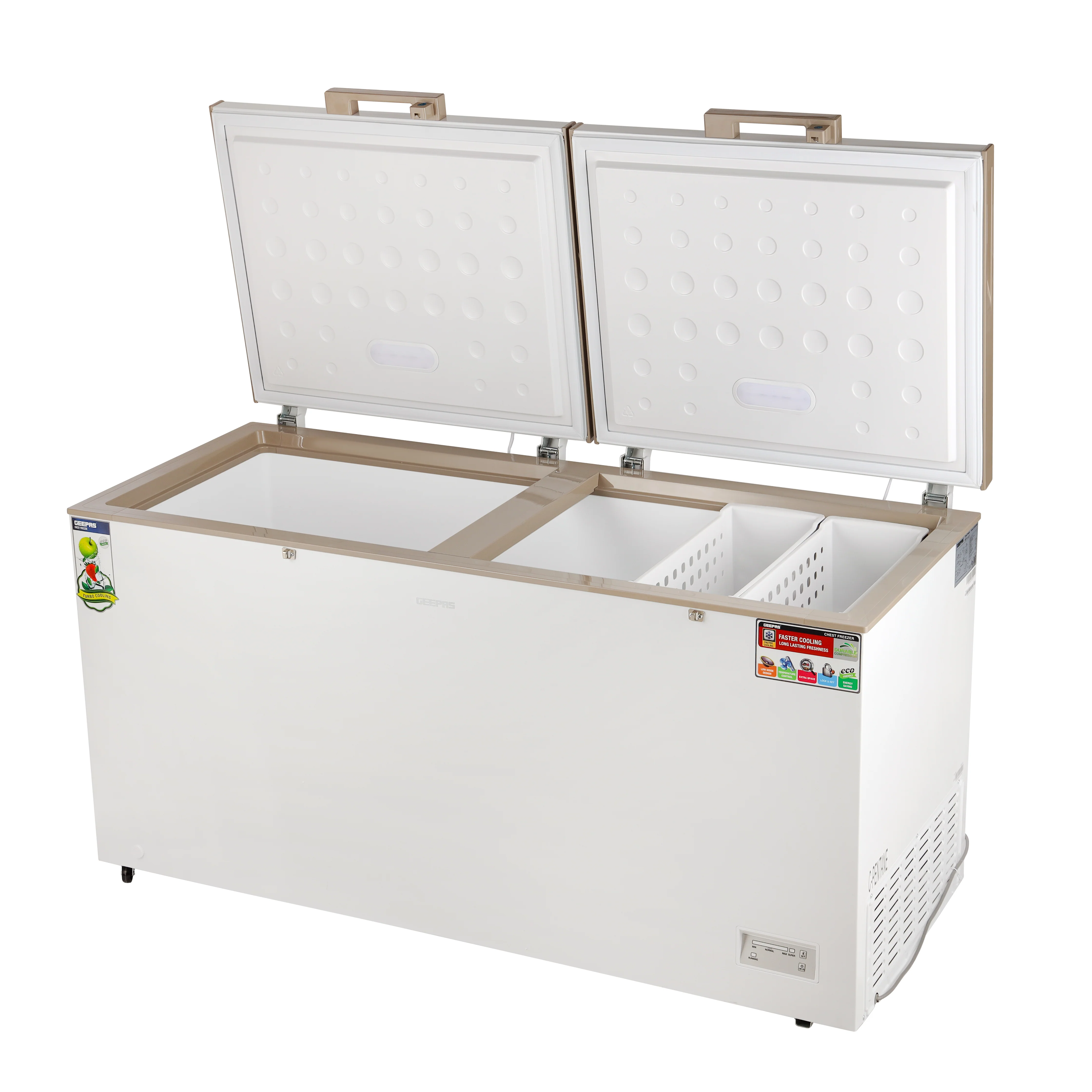 Geepas GCF55019WAH 550L Chest Freezer | Turbo Cooling | LED Light | Adjustable Thermostat | Lock & Key | 100% HCF Free | High-Efficiency Cooling | 1-Year Warranty - Image 4