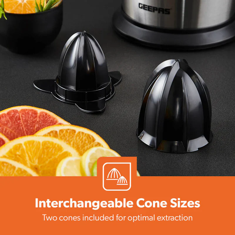 Geepas GCJ46013UK Citrus Juicer |Durable Stainless Steel Housing |Anti-Drip Spout for Mess-Free Serving |2 Cone Design |Anti-Dust Cover | 100W |Orange & Lemon Juice Maker - Image 6