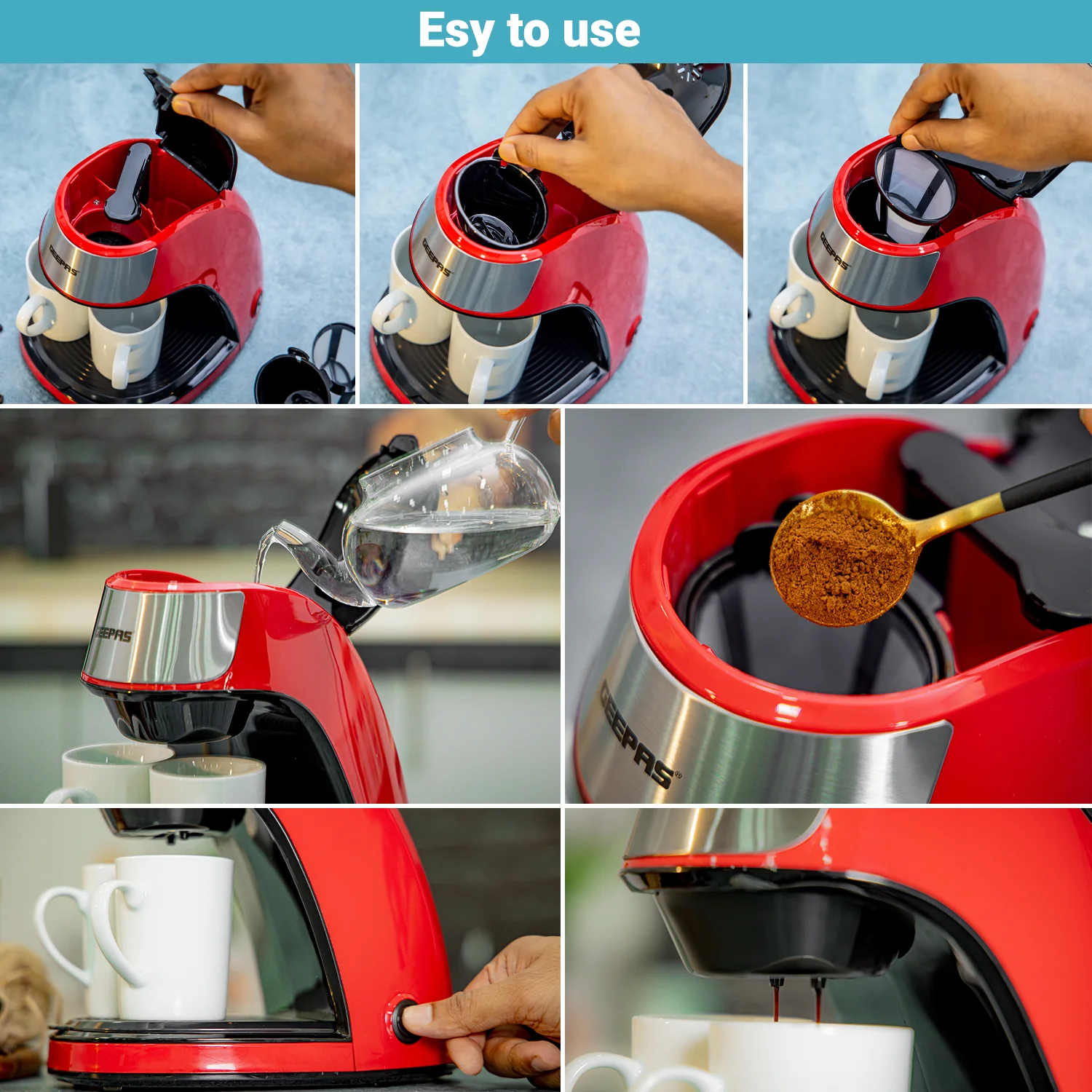 Geepas GCM41508 Coffee Maker | 450W Compact Coffee Machine with Transparent Water Tank| Anti-Drip Function| On/Off Switch| Filter Basket| Easy Cleaning & Durable Design - Image 5