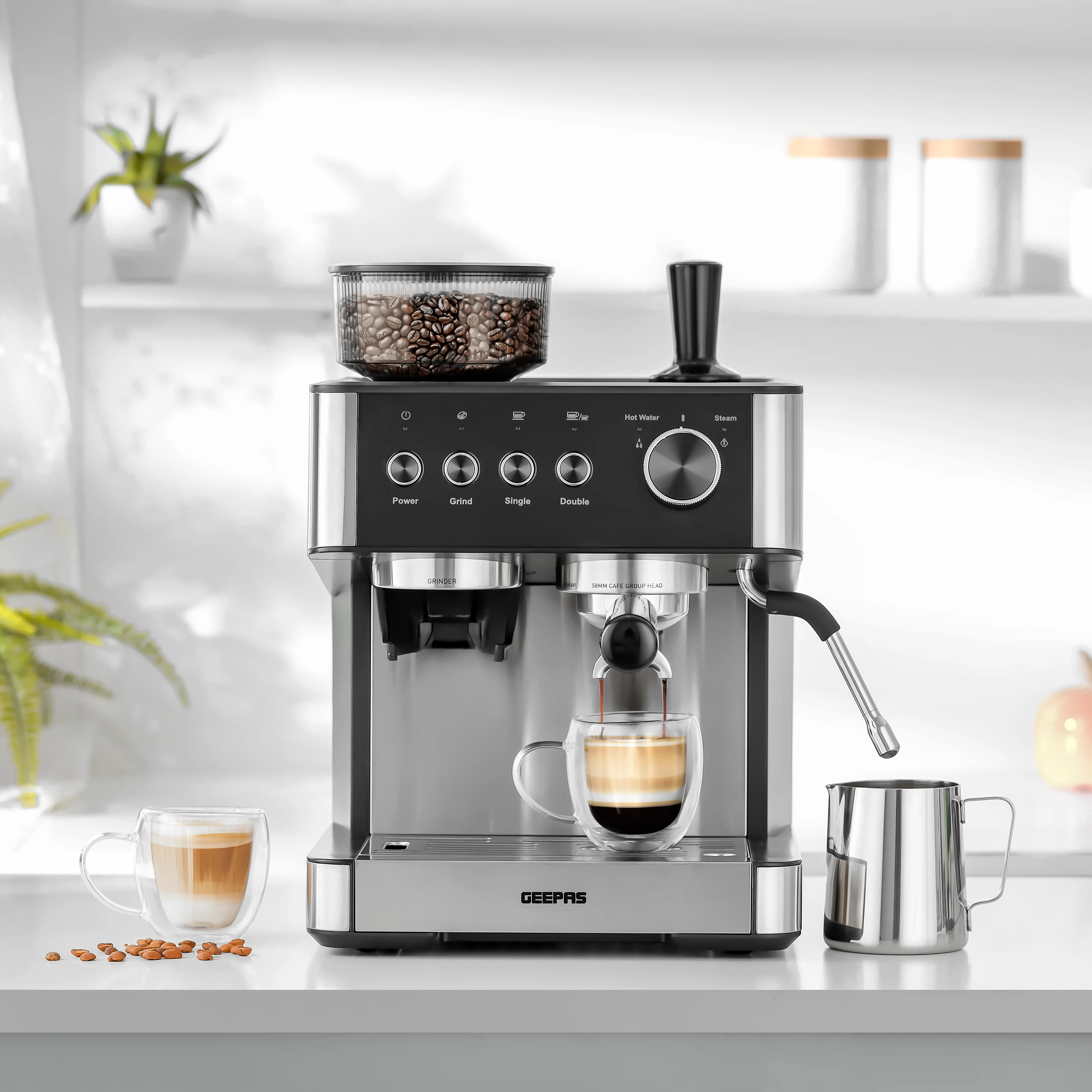 Geepas GCMG1325S Espresso & Cappuccino Coffee Machine | 20 Bar High-Pressure Pump, Built-In Coffee Grinder, Frothing Steam Wand, Dual Filter | A43 Platinum Series - Image 4