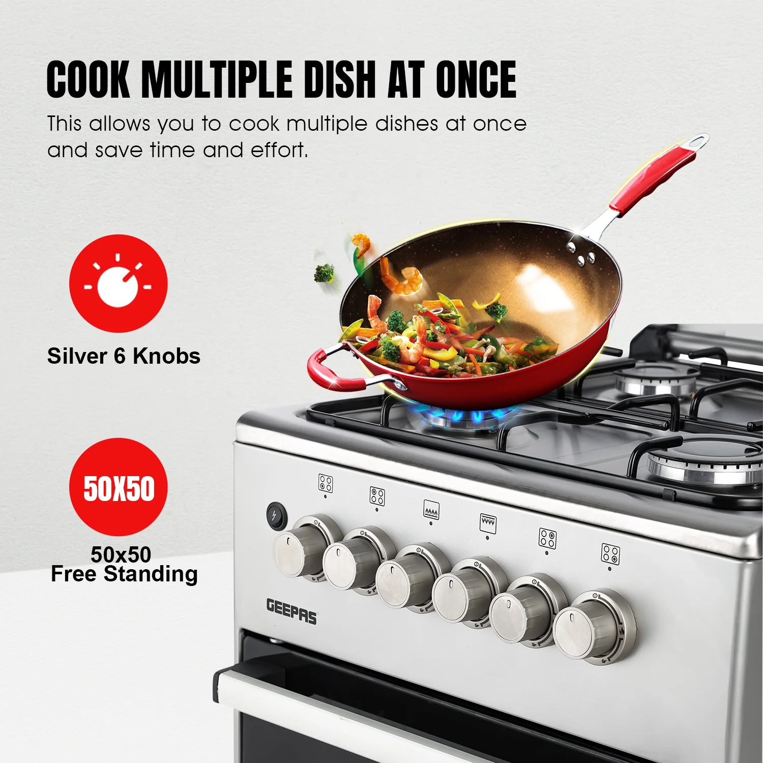 Geepas GCR5555 50x50 Gas Cooking Range | Free Standing Design with Full Safety System 6 Knobs | 4 Gas Burners & Durable Inox Top Table | Gas Oven with Grill Function - Image 3