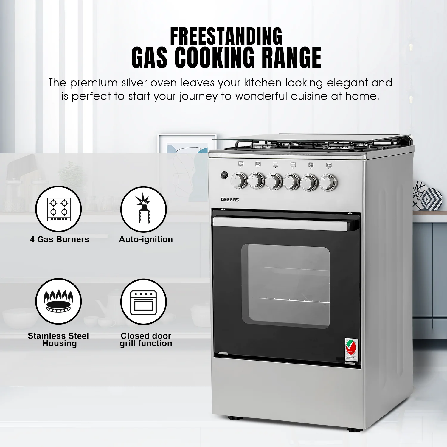 Geepas GCR5555 50x50 Gas Cooking Range | Free Standing Design with Full Safety System 6 Knobs | 4 Gas Burners & Durable Inox Top Table | Gas Oven with Grill Function - Image 4