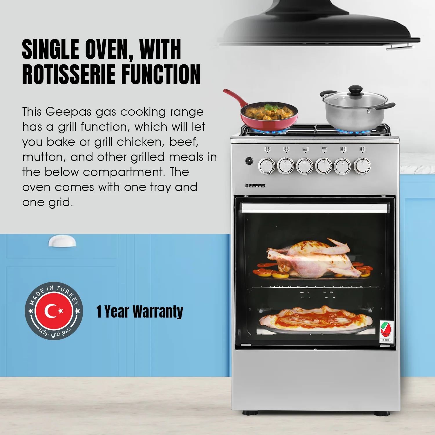 Geepas GCR5555 50x50 Gas Cooking Range | Free Standing Design with Full Safety System 6 Knobs | 4 Gas Burners & Durable Inox Top Table | Gas Oven with Grill Function - Image 5