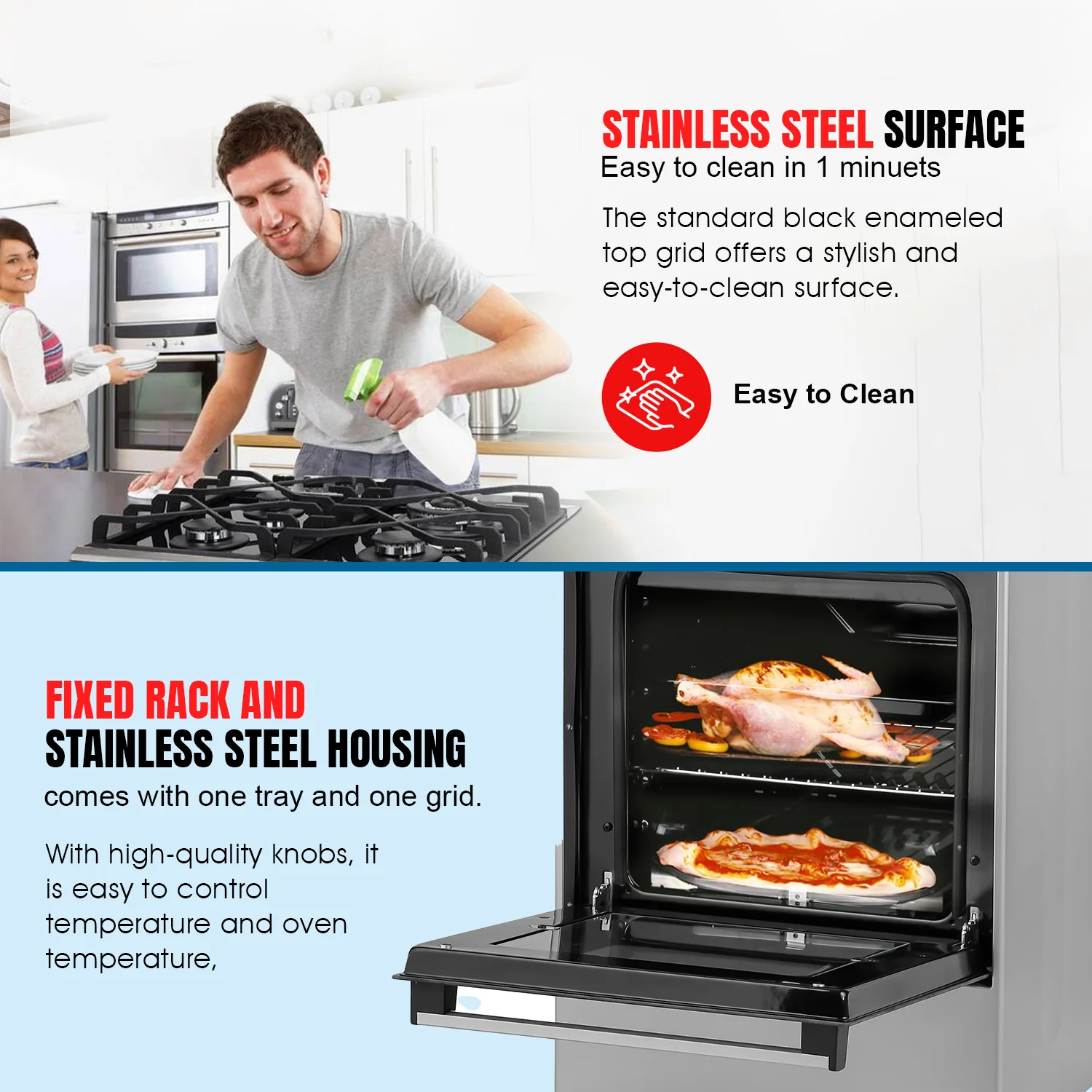Geepas GCR5555 50x50 Gas Cooking Range | Free Standing Design with Full Safety System 6 Knobs | 4 Gas Burners & Durable Inox Top Table | Gas Oven with Grill Function - Image 6