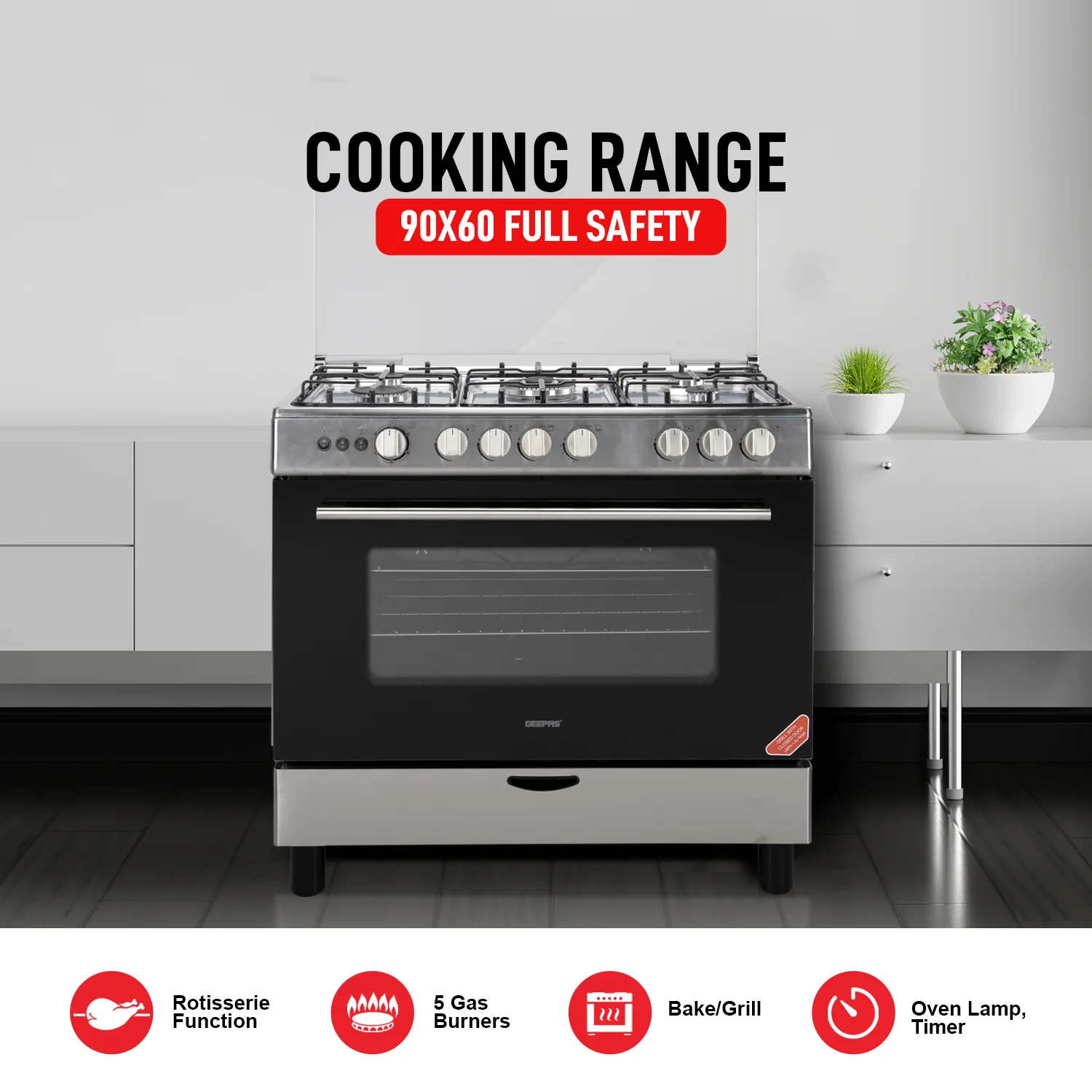 Geepas GCR9060NPSRC Cooking Range | 90x60cm | 5 Gas Burners| Electric Ignition| Oven Lamp| Timer & Rotisserie| Stainless Steel Housing| Double Glass Door| 1 Year Warranty - Image 3