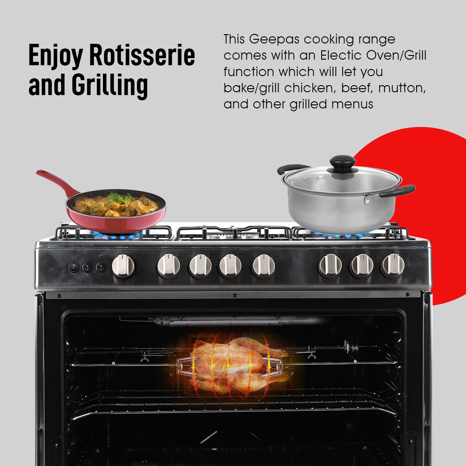 Geepas GCR9060NPSRC Cooking Range | 90x60cm | 5 Gas Burners| Electric Ignition| Oven Lamp| Timer & Rotisserie| Stainless Steel Housing| Double Glass Door| 1 Year Warranty - Image 4