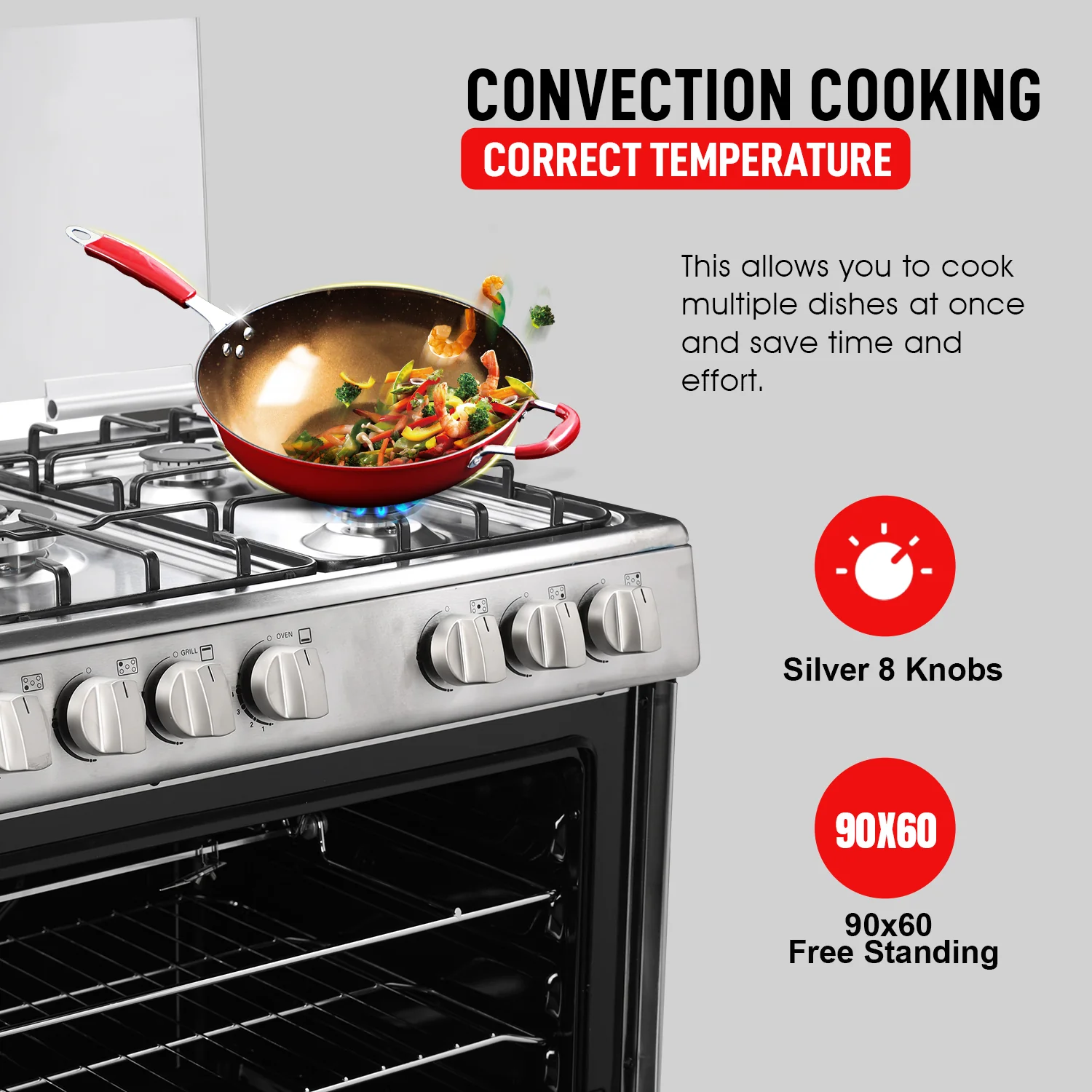 Geepas GCR9060NPSRC Cooking Range | 90x60cm | 5 Gas Burners| Electric Ignition| Oven Lamp| Timer & Rotisserie| Stainless Steel Housing| Double Glass Door| 1 Year Warranty - Image 5