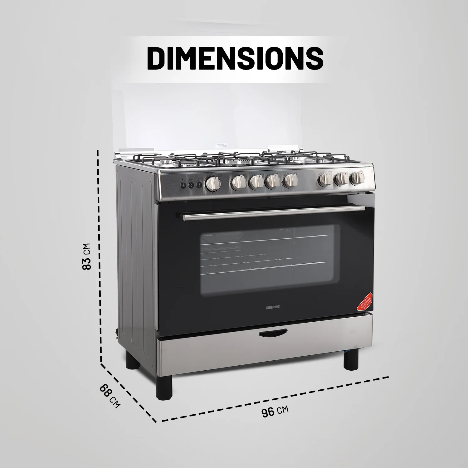 Geepas GCR9060NPSRC Cooking Range | 90x60cm | 5 Gas Burners| Electric Ignition| Oven Lamp| Timer & Rotisserie| Stainless Steel Housing| Double Glass Door| 1 Year Warranty - Image 6