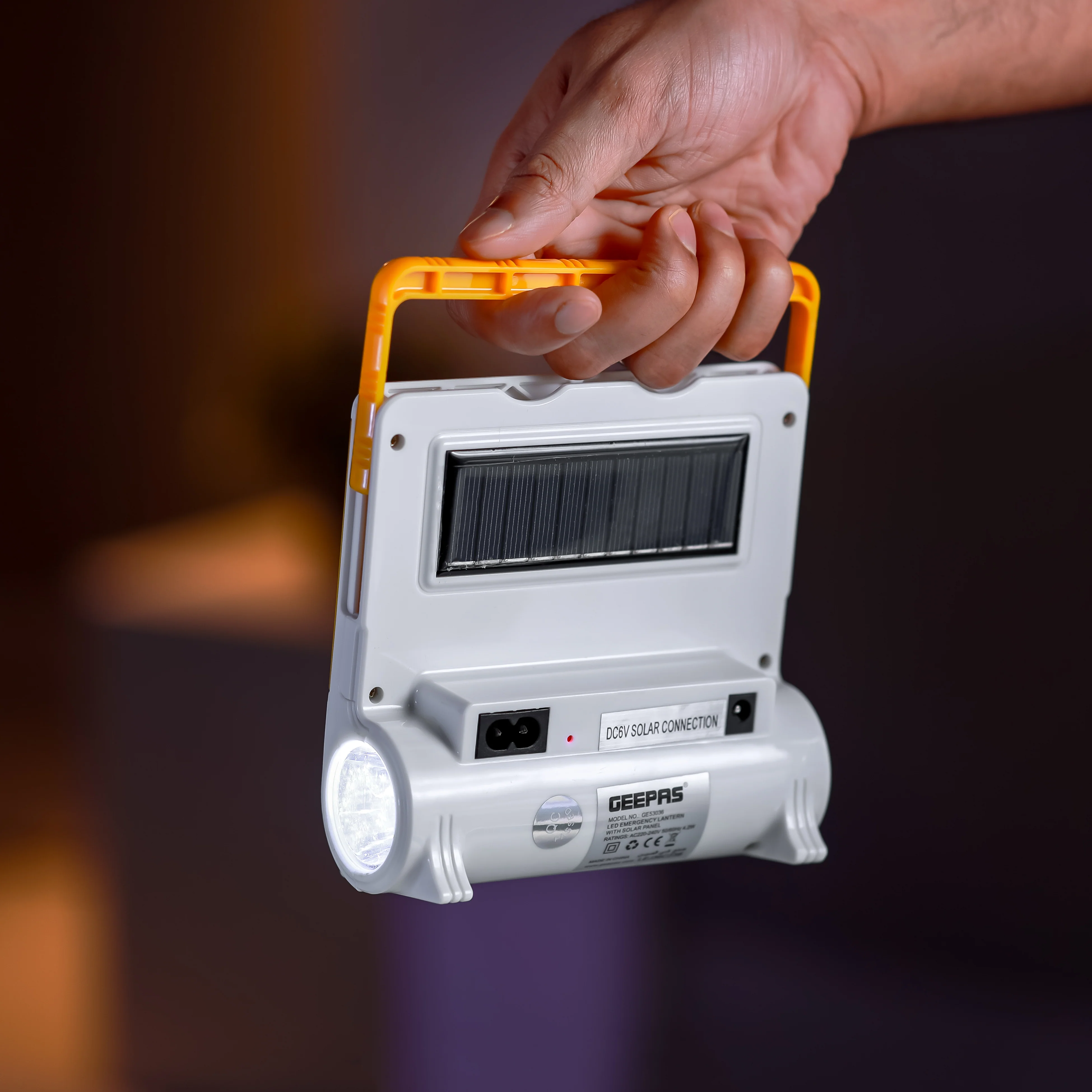 Geepas LED Emergency Lantern with Solar Panel- GE53036| Energy Efficient,1 Piece Hi-Power LED,COB(3.2 W), 4 Hours Working|  Light-Weight |Yellow & White, 2 Years Warranty - Image 5