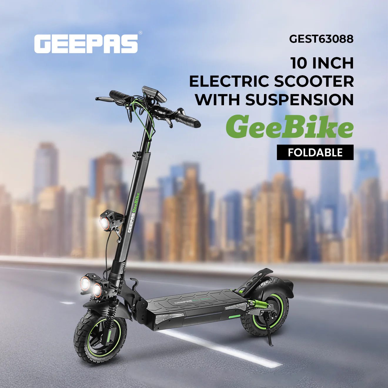 Geepas GEST63088 GeeBike Foldable 10-Inch Electric Scooter with Suspension | Adjustable Speed| Brake Lights| Front & Rear Suspension | 45Km/hr Speed | 1 year Warranty - Image 6