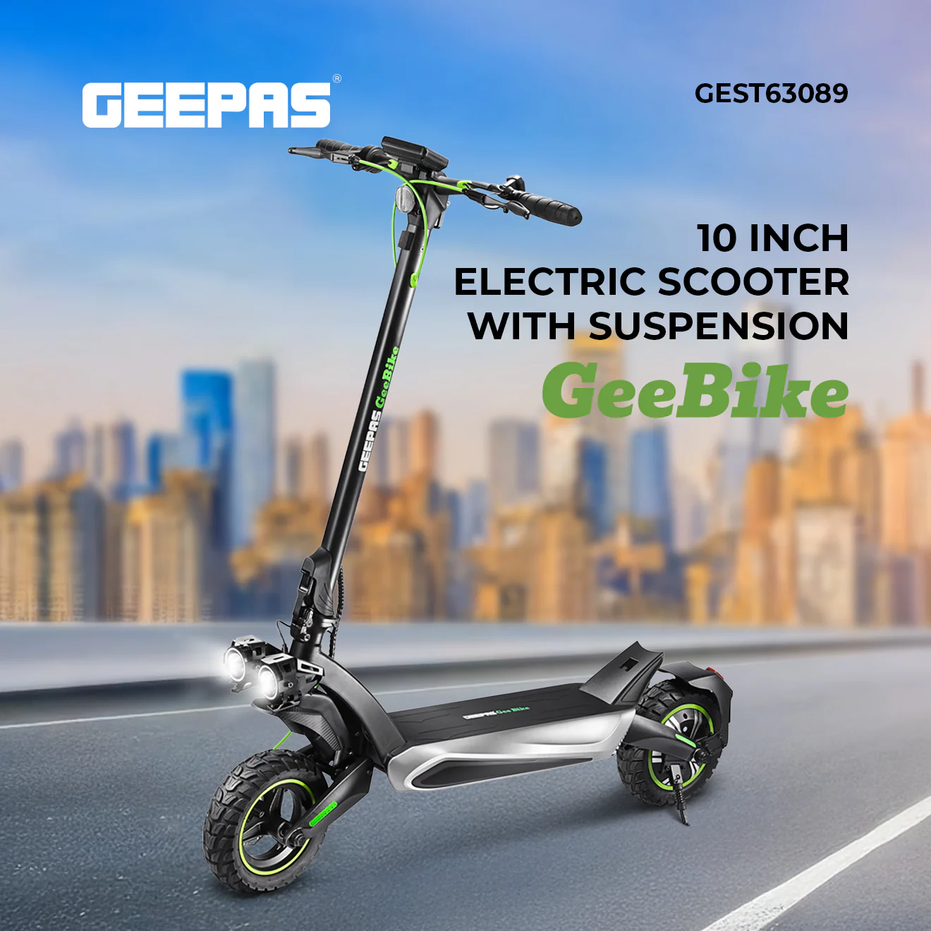 Geepas GEST63089 GeeBike 10-Inch Electric Scooter | Adjustable Speed | LED Display | Front & Rear Suspension | Brake Lights| 45Km/hr Powerful Ride| 1 Year Warranty - Image 6