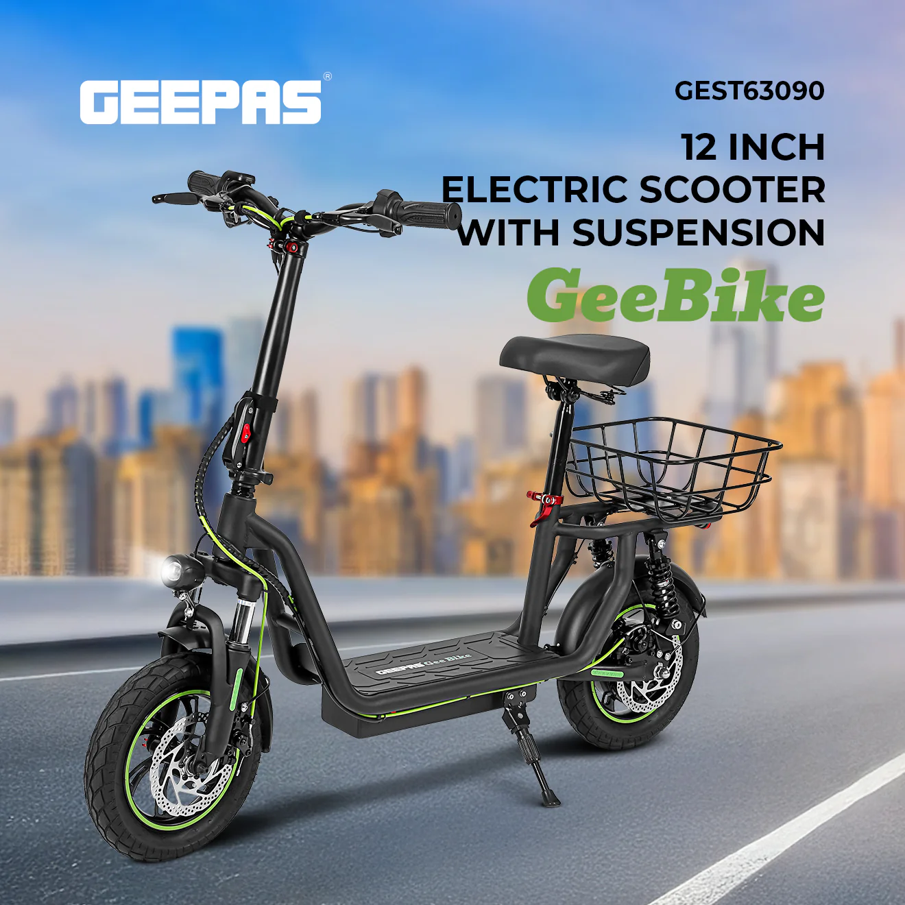 Geepas GEST63090 GeeBike 12-Inch Electric Scooter | Adjustable Speed | Front & Rear Suspension | Rear Basket | Brake Lights | 25Km/hr Eco-Friendly Ride | 1 Year Warranty - Image 6
