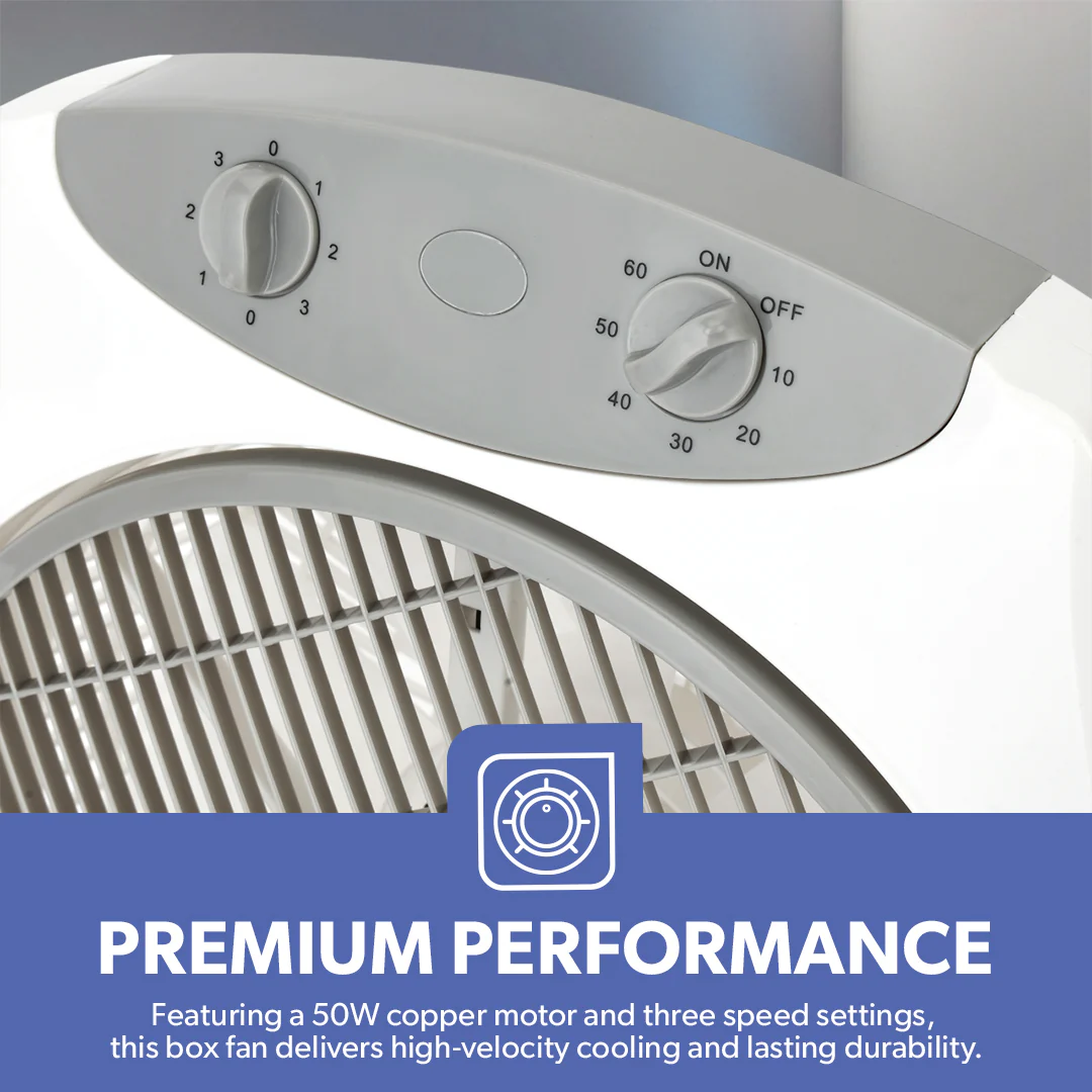 Geepas GF21113 12 Inch Box Fan | 60-Min Timer | 3 Speed Control | 50W Powerful Motor | Strong Safety Grill | Compact Portable Cooling Fan for Home, Office & Indoor Use - Image 3