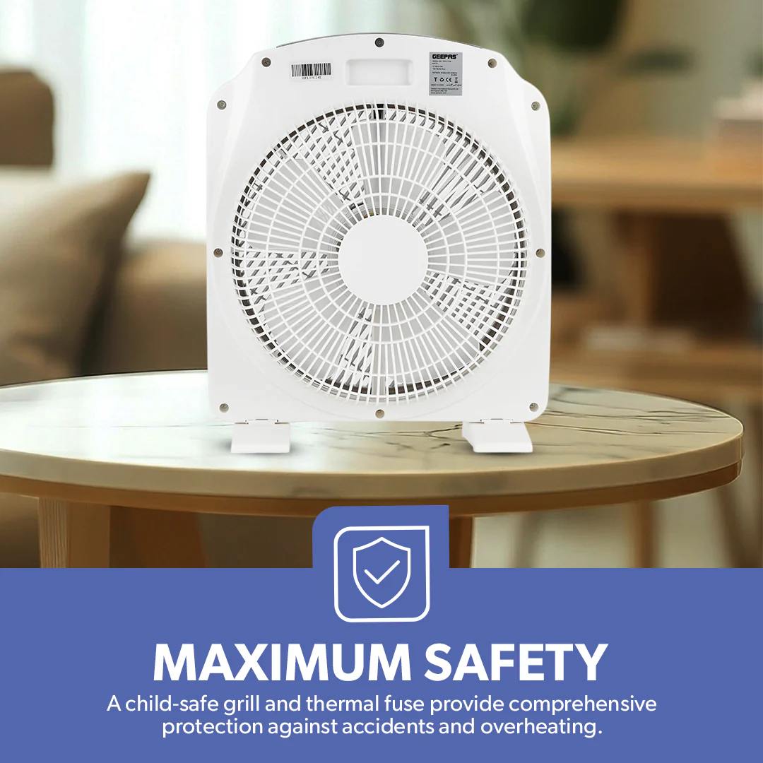 Geepas GF21113 12 Inch Box Fan | 60-Min Timer | 3 Speed Control | 50W Powerful Motor | Strong Safety Grill | Compact Portable Cooling Fan for Home, Office & Indoor Use - Image 5