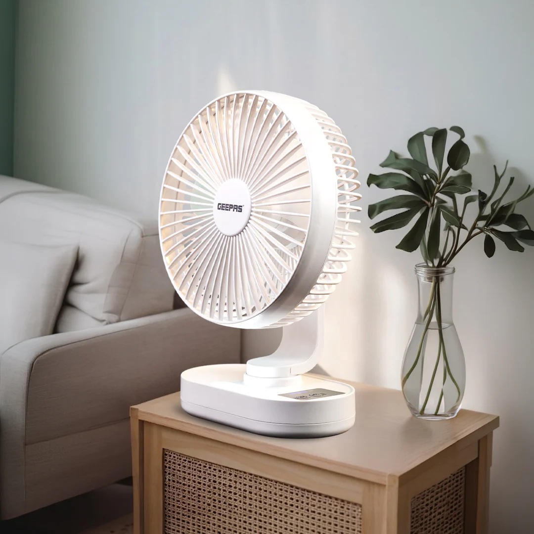 Geepas GF21157 8-Inch Rechargeable Fan with LED Night Light |Features 3-speed control |9-hour runtime |lithium battery |3 Blade Fan with Adjustable Head| portable design - Image 2
