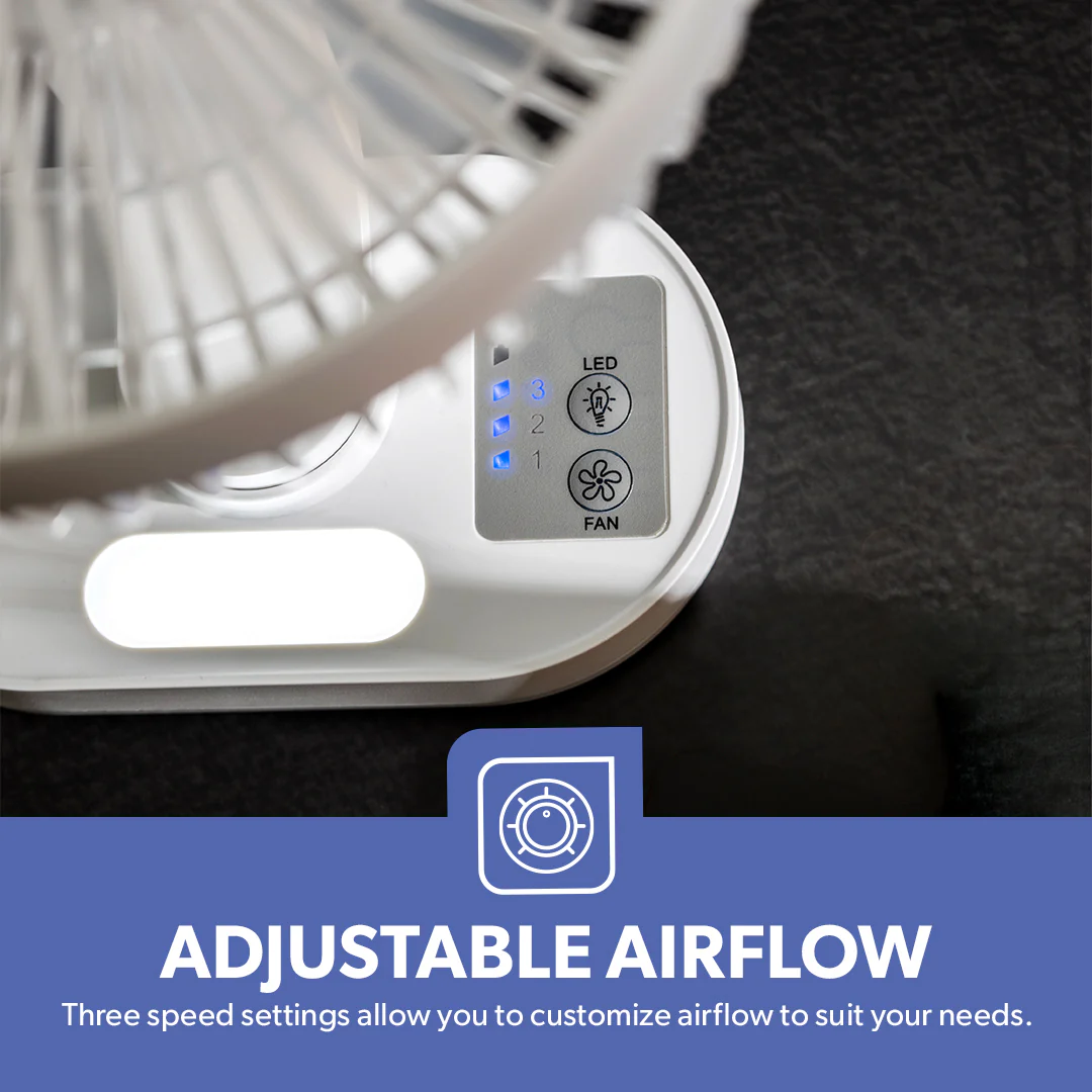 Geepas GF21157 8-Inch Rechargeable Fan with LED Night Light |Features 3-speed control |9-hour runtime |lithium battery |3 Blade Fan with Adjustable Head| portable design - Image 3