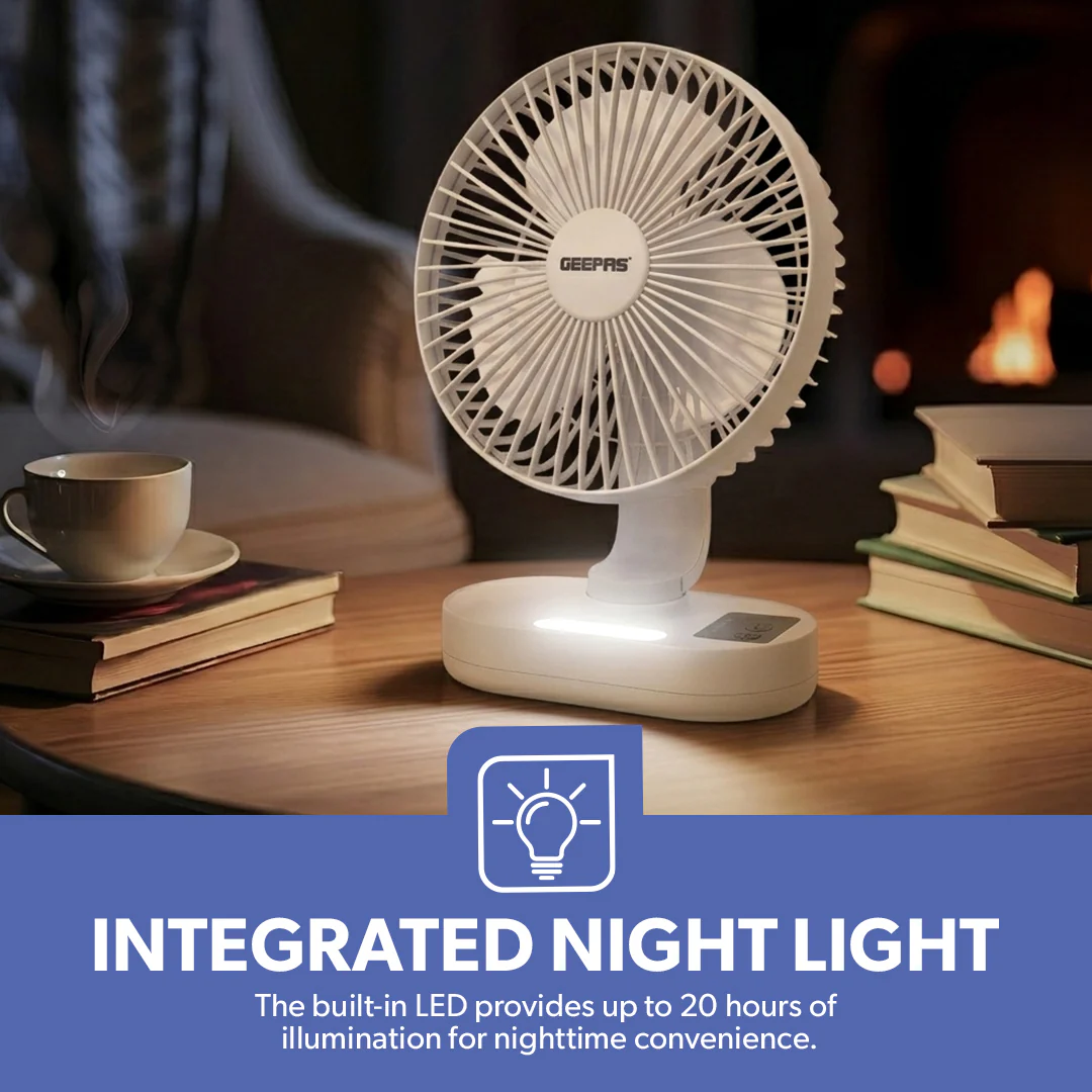 Geepas GF21157 8-Inch Rechargeable Fan with LED Night Light |Features 3-speed control |9-hour runtime |lithium battery |3 Blade Fan with Adjustable Head| portable design - Image 4