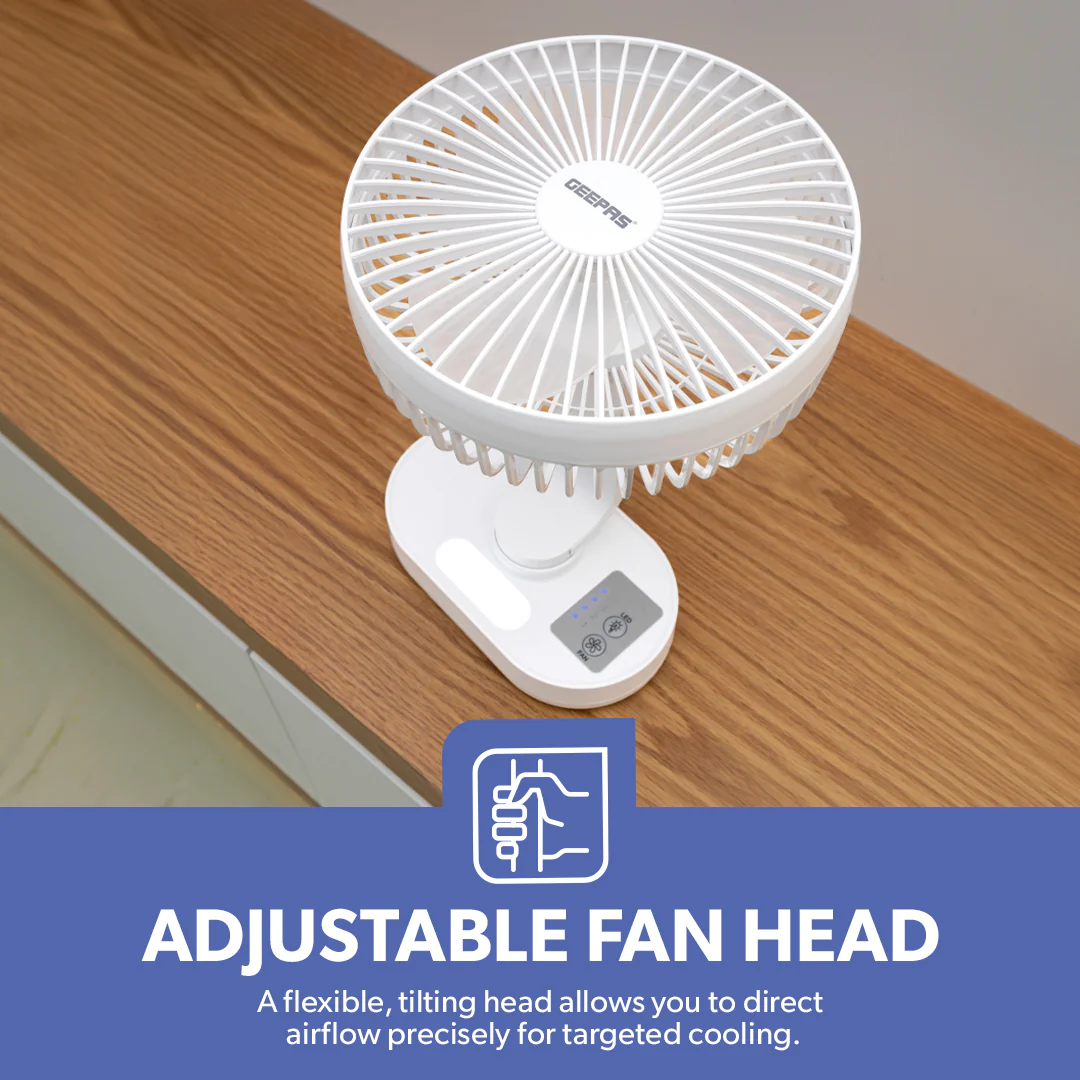Geepas GF21157 8-Inch Rechargeable Fan with LED Night Light |Features 3-speed control |9-hour runtime |lithium battery |3 Blade Fan with Adjustable Head| portable design - Image 5