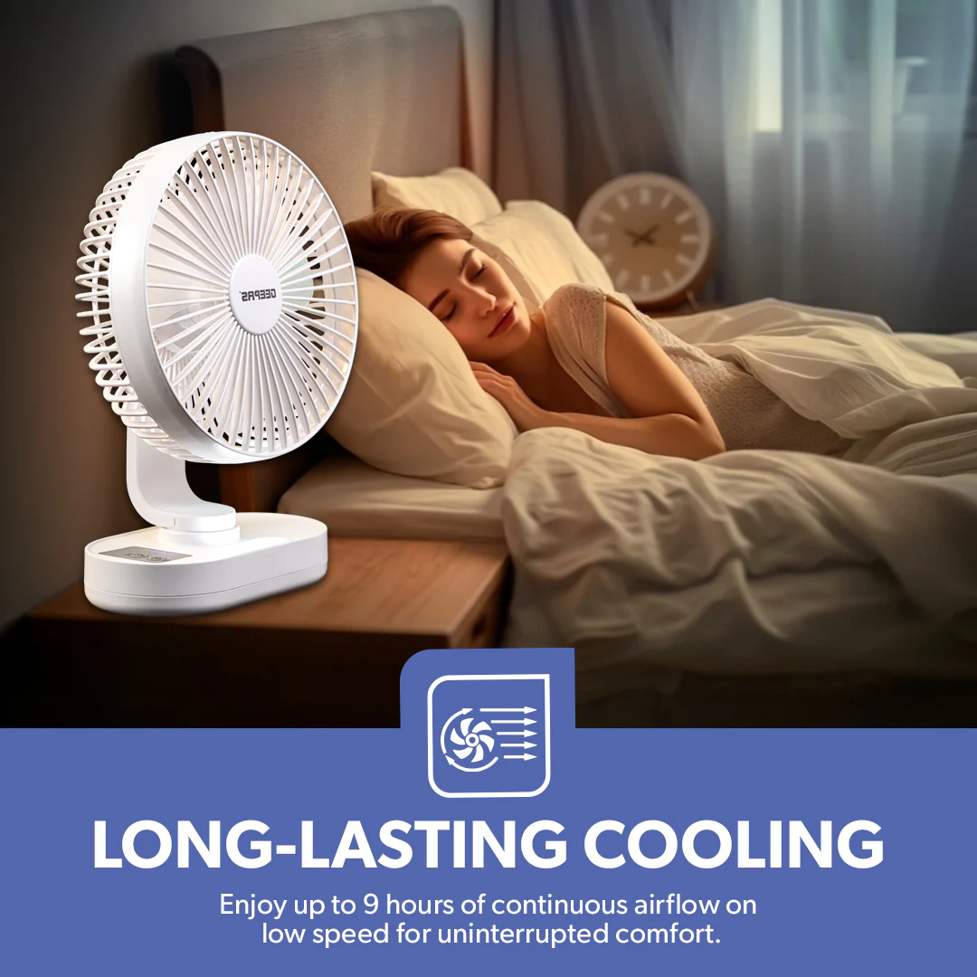 Geepas GF21157 8-Inch Rechargeable Fan with LED Night Light |Features 3-speed control |9-hour runtime |lithium battery |3 Blade Fan with Adjustable Head| portable design - Image 6