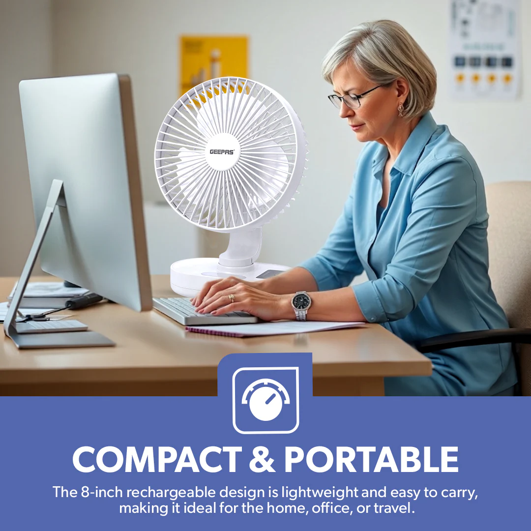 Geepas GF21157 8-Inch Rechargeable Fan with LED Night Light |Features 3-speed control |9-hour runtime |lithium battery |3 Blade Fan with Adjustable Head| portable design - Image 7