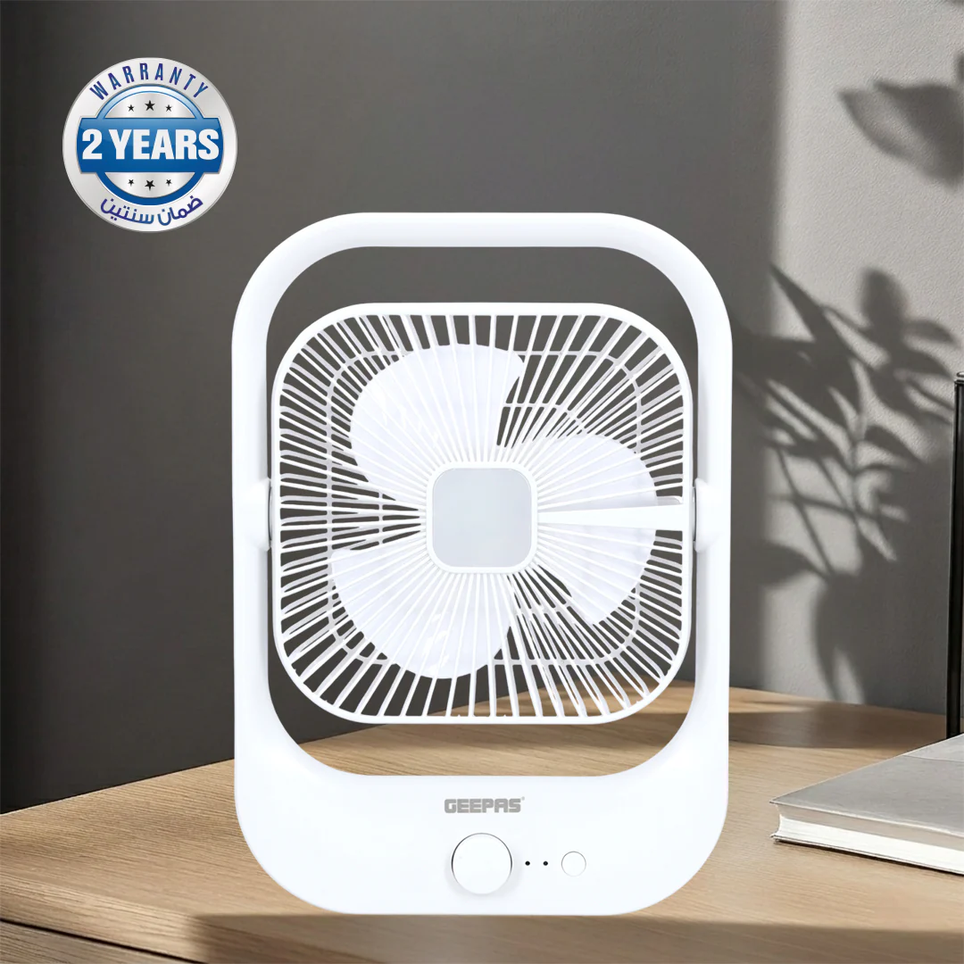 Geepas GF21162 8” Rechargeable Fan with LED Light | 2-Speed Powerful Airflow | Built-in Battery for Power Backup | Portable Design | Adjustable Tilt | 2 Years Warranty - Image 2