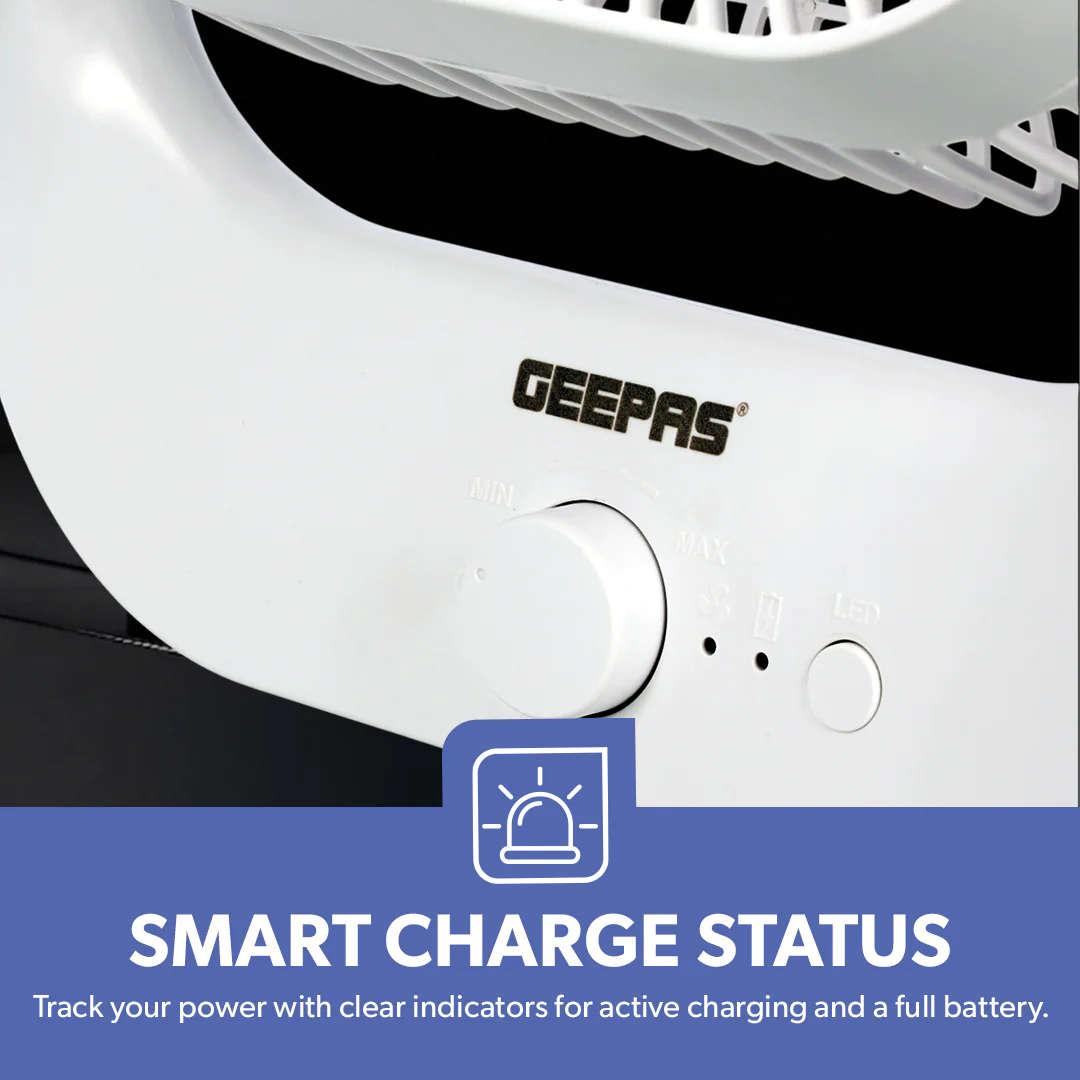 Geepas GF21162 8” Rechargeable Fan with LED Light | 2-Speed Powerful Airflow | Built-in Battery for Power Backup | Portable Design | Adjustable Tilt | 2 Years Warranty - Image 4