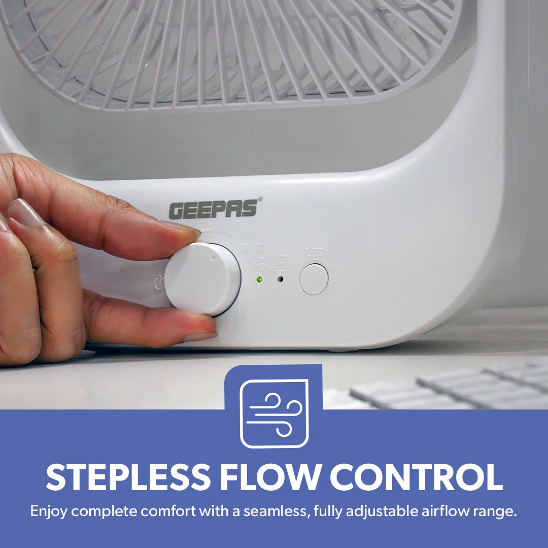 Geepas GF21162 8” Rechargeable Fan with LED Light | 2-Speed Powerful Airflow | Built-in Battery for Power Backup | Portable Design | Adjustable Tilt | 2 Years Warranty - Image 5