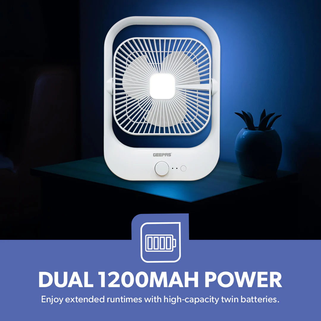 Geepas GF21162 8” Rechargeable Fan with LED Light | 2-Speed Powerful Airflow | Built-in Battery for Power Backup | Portable Design | Adjustable Tilt | 2 Years Warranty - Image 6