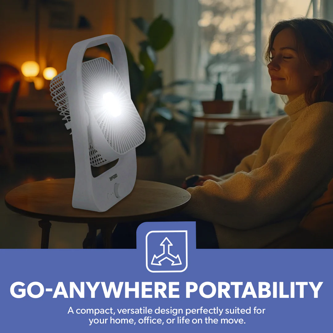 Geepas GF21162 8” Rechargeable Fan with LED Light | 2-Speed Powerful Airflow | Built-in Battery for Power Backup | Portable Design | Adjustable Tilt | 2 Years Warranty - Image 7