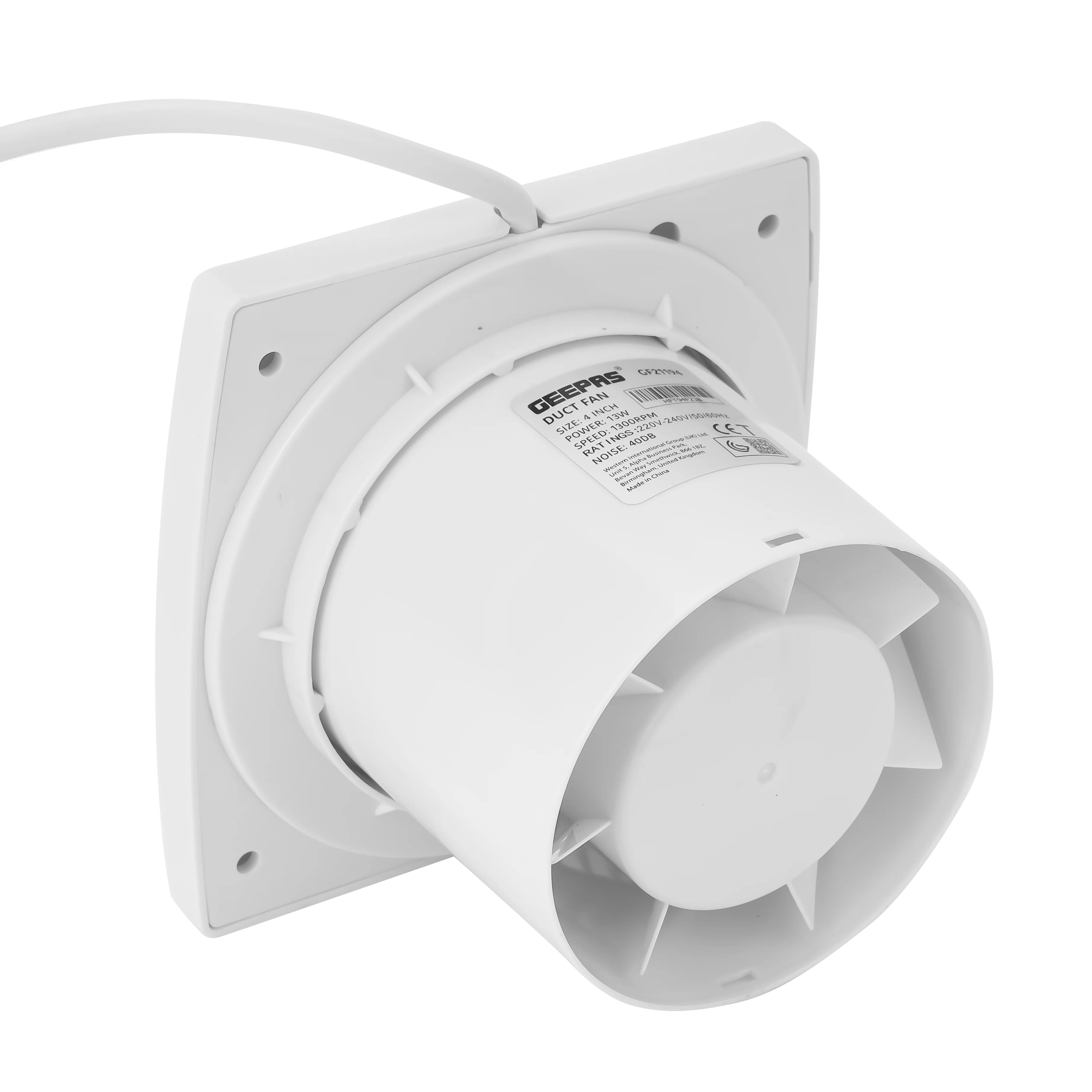 Geepas 4" Duct Fan- GF21194/ 2200 RPM, Exhaust Ventilation Fans/ 13 w, Perfect for Residential and Commercial Use/ with a Rust-Free ABS Body/ 2 Year Warranty, White - Image 3