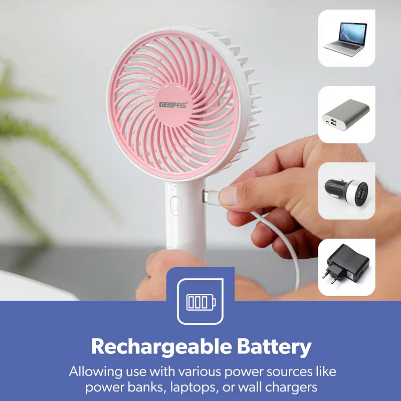 Geepas GF21206 4-Inch Rechargeable Handy Fan | Portable Personal Fan with Powerful Motor| 3 Speed Settings| USB Charging| Long Battery Life| Lightweight| 2 Years Warranty - Image 4