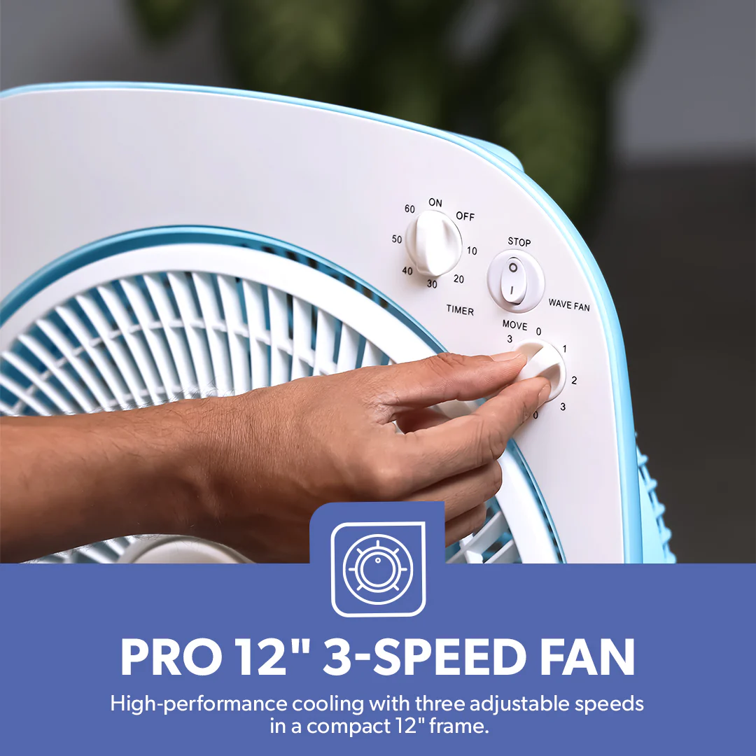 Geepas GF926 12 Inch Box Fan | 60-Min Timer | 3 Speed Control | Powerful Motor | Compact Portable Design | Energy Efficient Cooling Fan for Home, Office & Indoor Use - Image 3