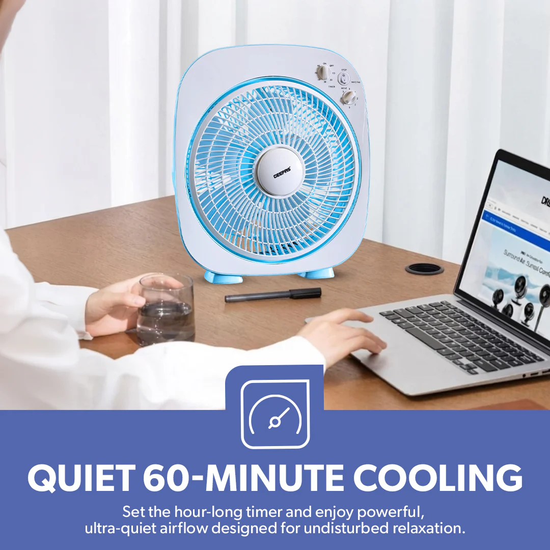 Geepas GF926 12 Inch Box Fan | 60-Min Timer | 3 Speed Control | Powerful Motor | Compact Portable Design | Energy Efficient Cooling Fan for Home, Office & Indoor Use - Image 4