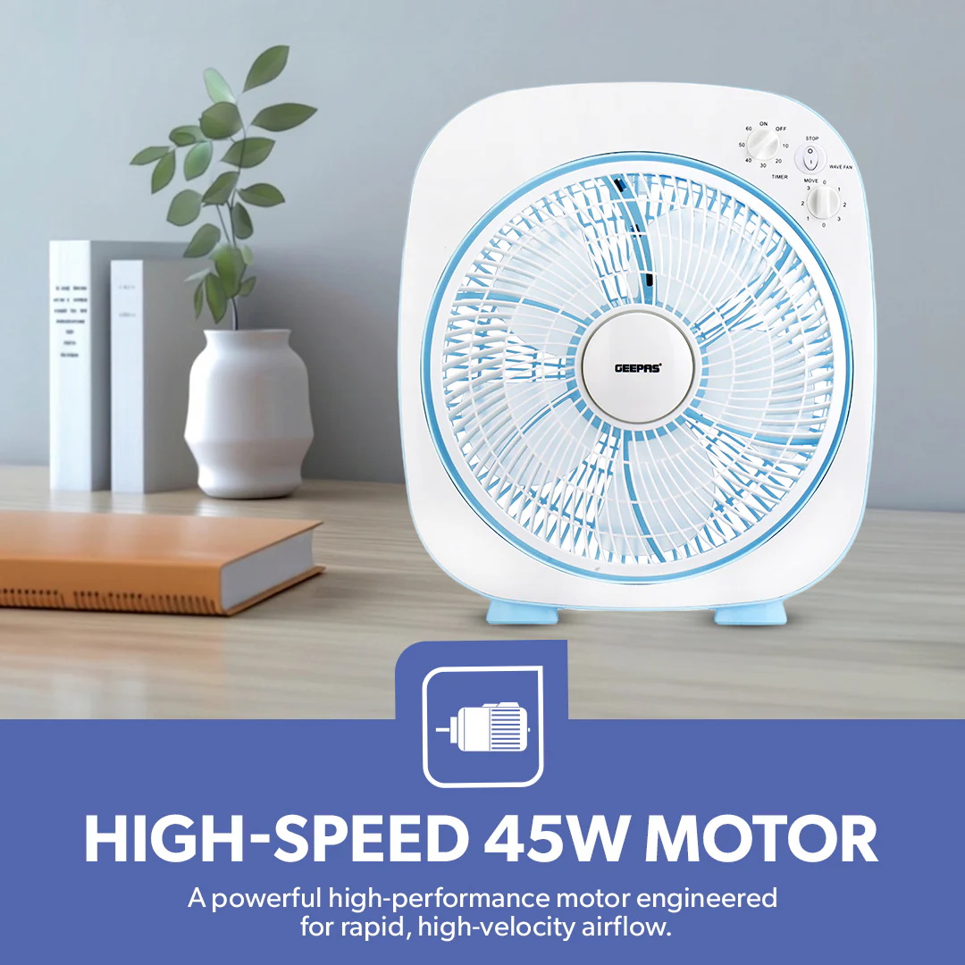 Geepas GF926 12 Inch Box Fan | 60-Min Timer | 3 Speed Control | Powerful Motor | Compact Portable Design | Energy Efficient Cooling Fan for Home, Office & Indoor Use - Image 5
