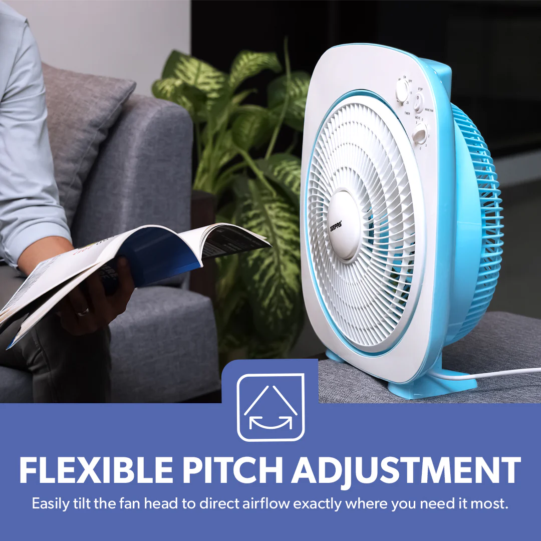 Geepas GF926 12 Inch Box Fan | 60-Min Timer | 3 Speed Control | Powerful Motor | Compact Portable Design | Energy Efficient Cooling Fan for Home, Office & Indoor Use - Image 6