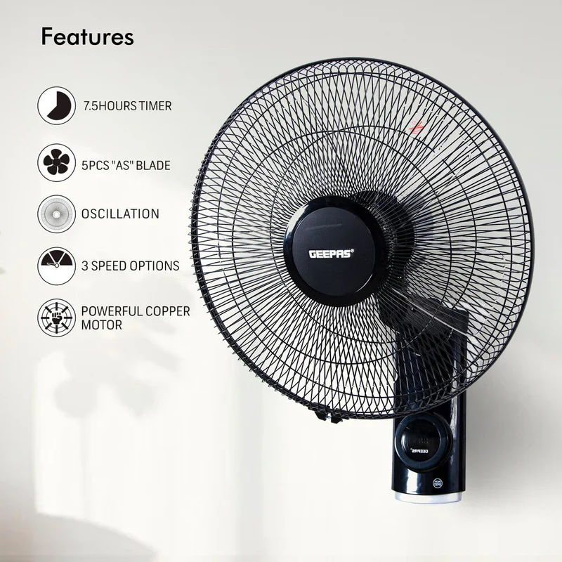 Geepas GF9479 16-Inch Wall Fan with Remote Control Features | 60 W Power | 3-speed options | 12-hour timer | wide oscillation | powerful copper motor | 2-year warranty - Image 3