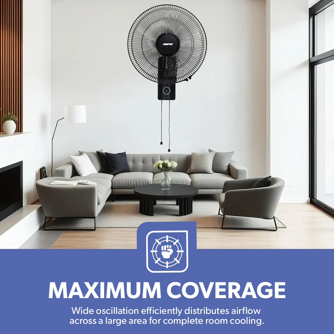 Geepas GF9483 16 Inch Wall Fan | Powerful Copper Motor with 3 Speed Control | 5 Durable AS Blades | Wide Angle Oscillation | Overheat Protection |  2 Years Warranty - Image 6