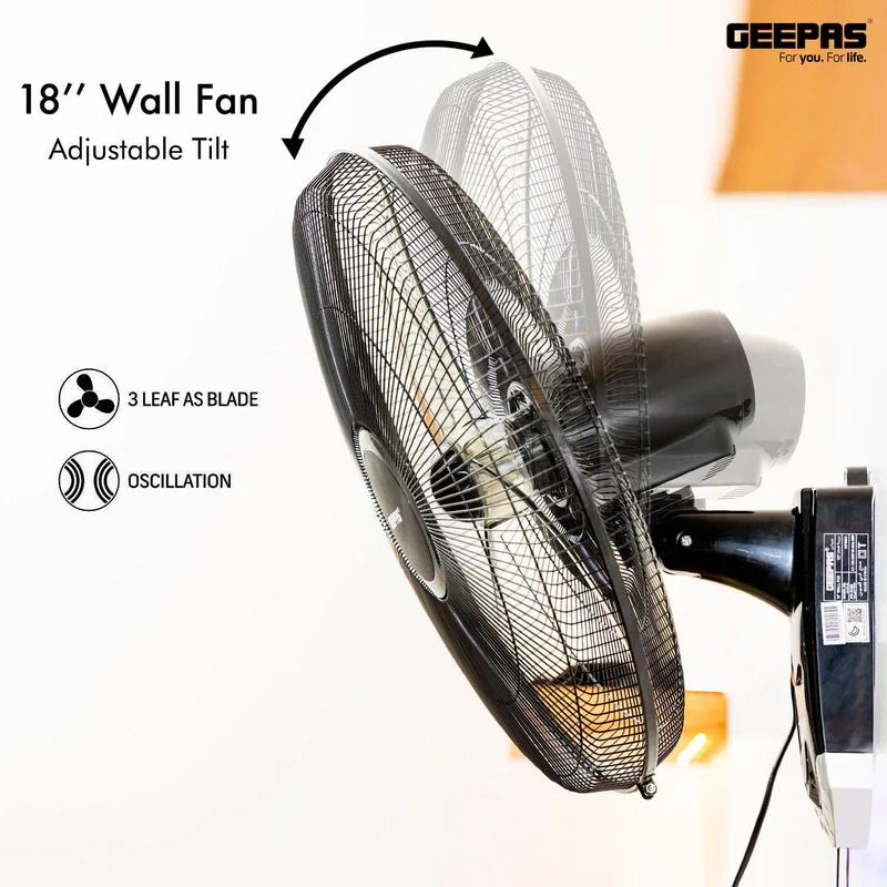 Geepas GF9604 18-Inch Wall Fan | 3-Speed Adjustable Control | Powerful Copper Motor | Wide-Angle Oscillation | High Air Delivery for Home & Office| 2 Years Warranty - Image 5