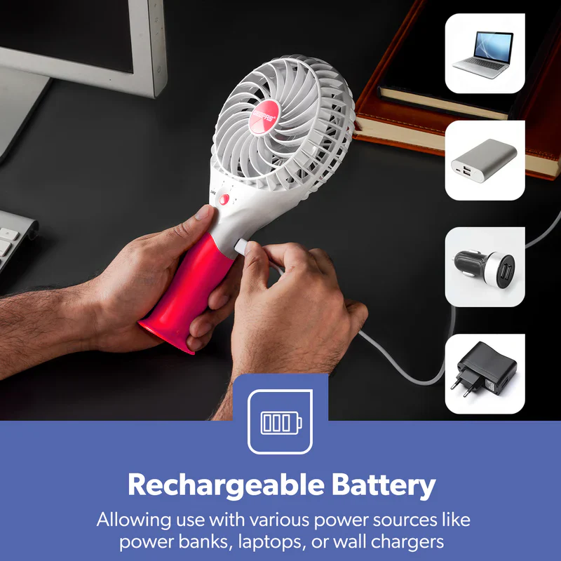 Geepas GF9617 Rechargeable Mini Fan | 3 Speed Portable Handheld Fan with 3.7V Lithium Battery | Brushless Motor | USB Charging | Quiet Operation | 2 Years Warranty - Image 3