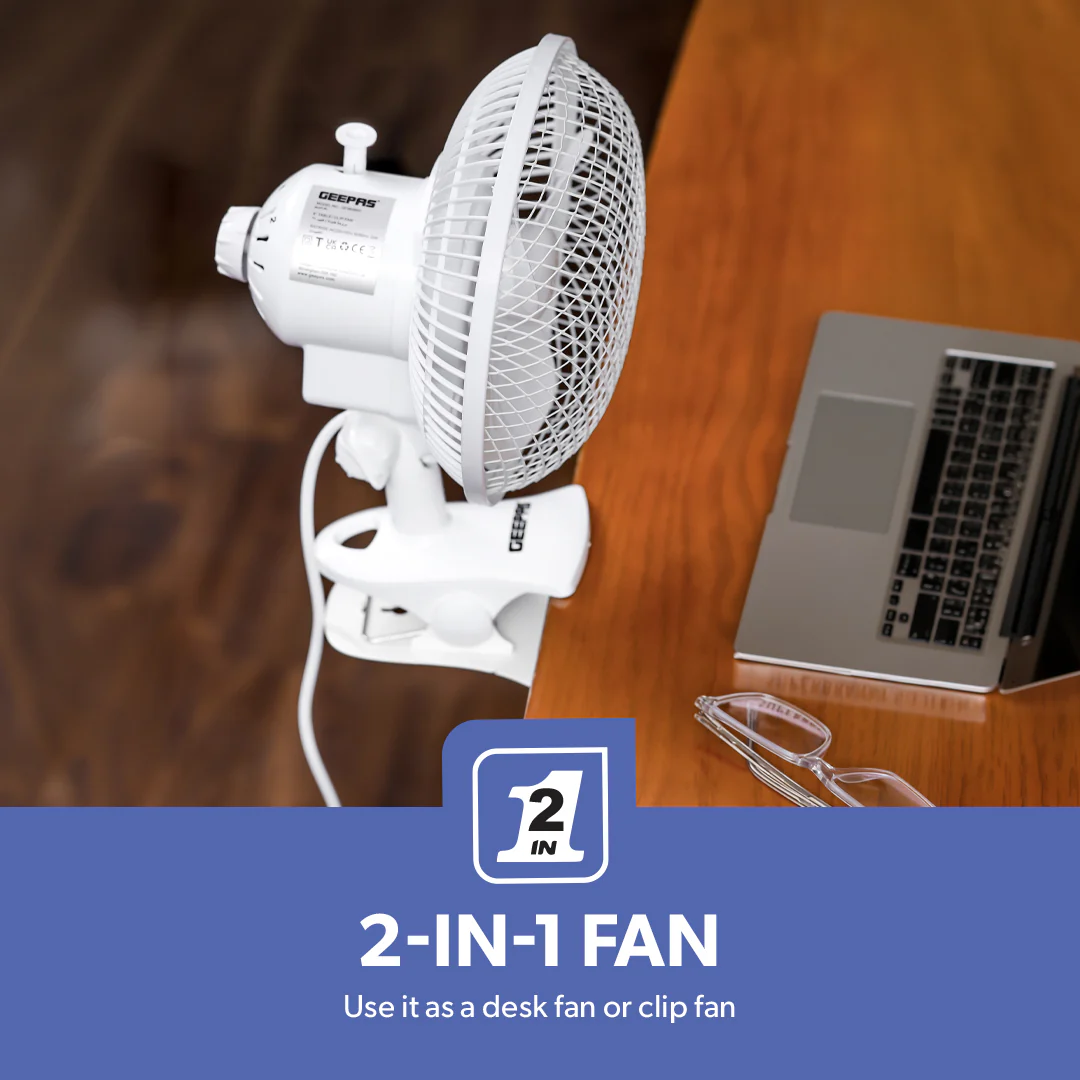 Geepas GF9626 8-Inch 2-in-1 Table & Clip Fan | Super Quiet Copper Motor | 2-Speed Adjustable Control | Wide Oscillation | Compact & Portable Design | 2 Years Warranty - Image 3
