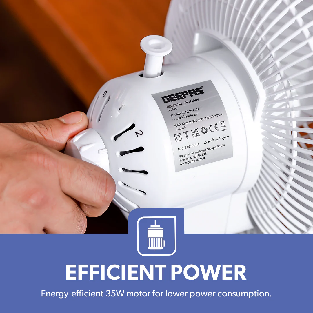 Geepas GF9626 8-Inch 2-in-1 Table & Clip Fan | Super Quiet Copper Motor | 2-Speed Adjustable Control | Wide Oscillation | Compact & Portable Design | 2 Years Warranty - Image 7