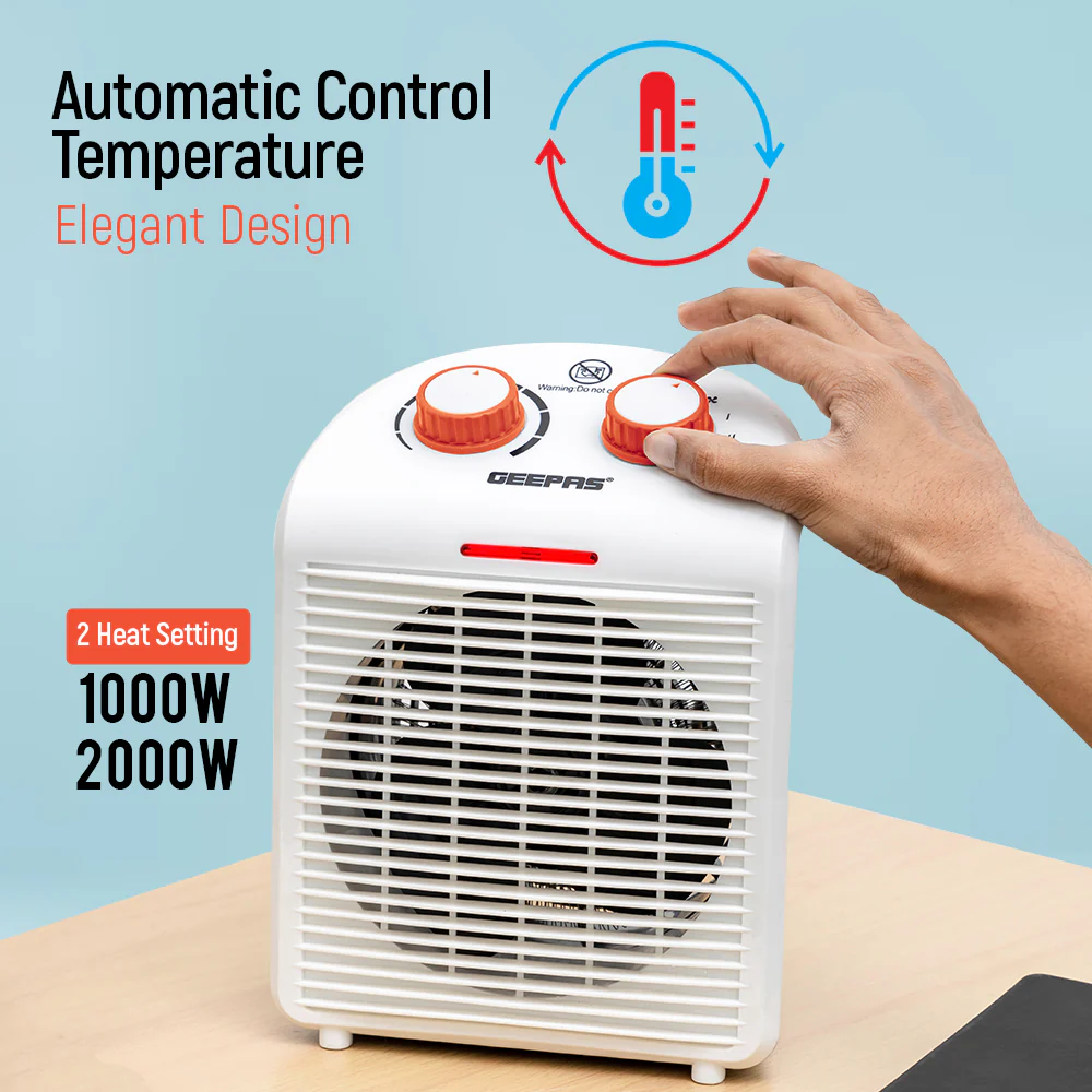 Geepas GFH28520 Fan Heater with 1000W/2000W Dual Heat Settings | Adjustable Thermostat | Instant Heating | Overheat Protection | Power Indicator | 2-Year Warranty - Image 4