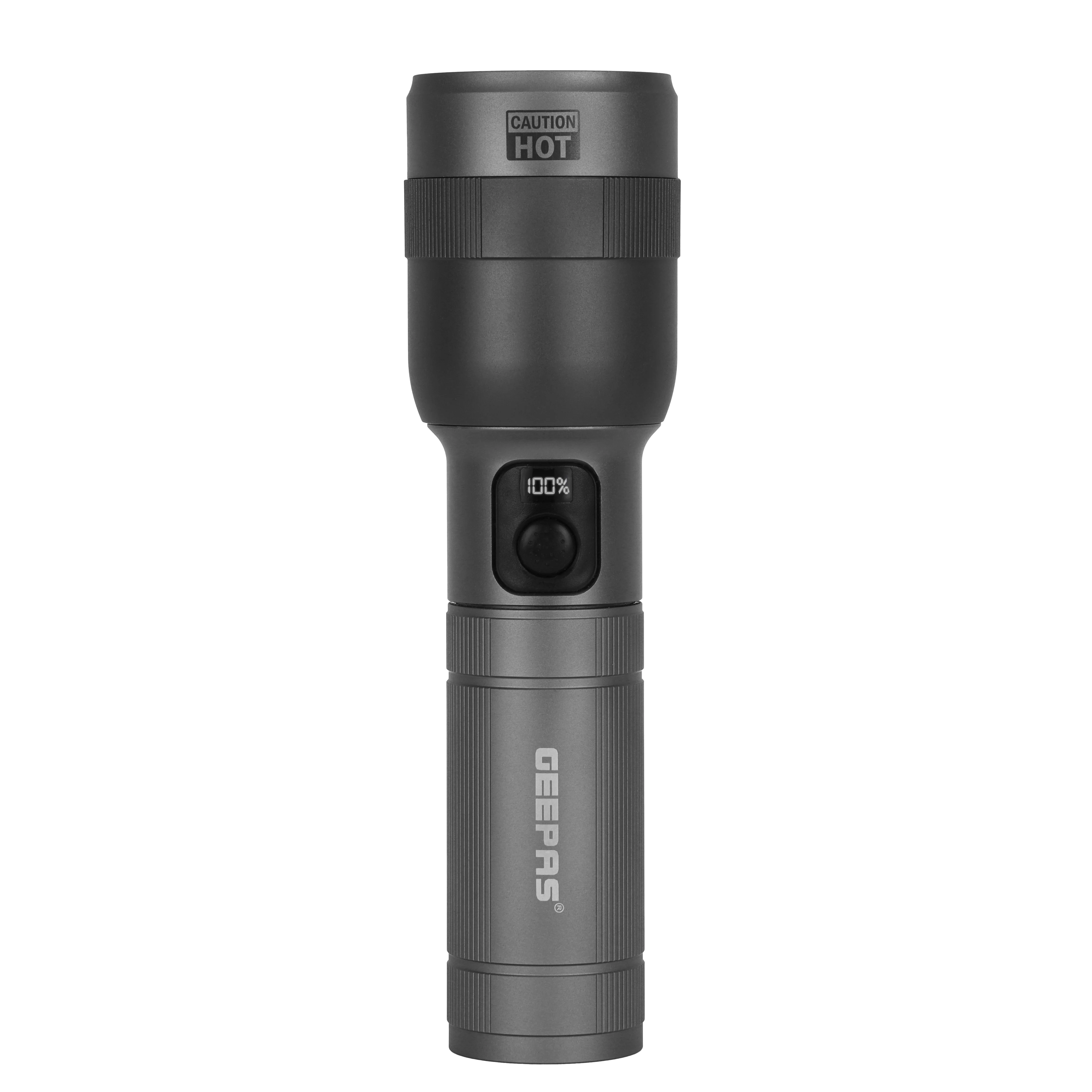 Geepas GFL3874Z 60W Digital Zoomable LED Flashlight | 3000 Lumens Rechargeable Torch with 5000mAh Battery | Type-C Charging | Aluminium Body | Long Runtime | Outdoor Use